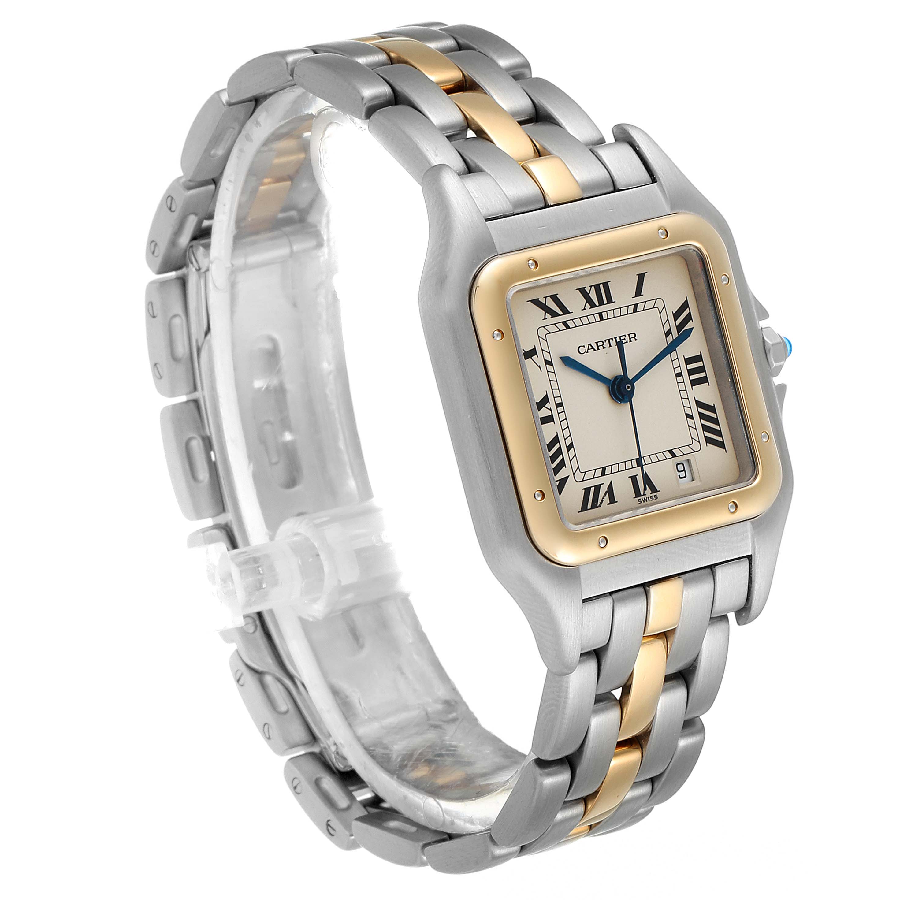 The image shows a Panthere model by Cartier at a 3/4 angle, highlighting its two-tone bracelet and square face with Roman numerals.
