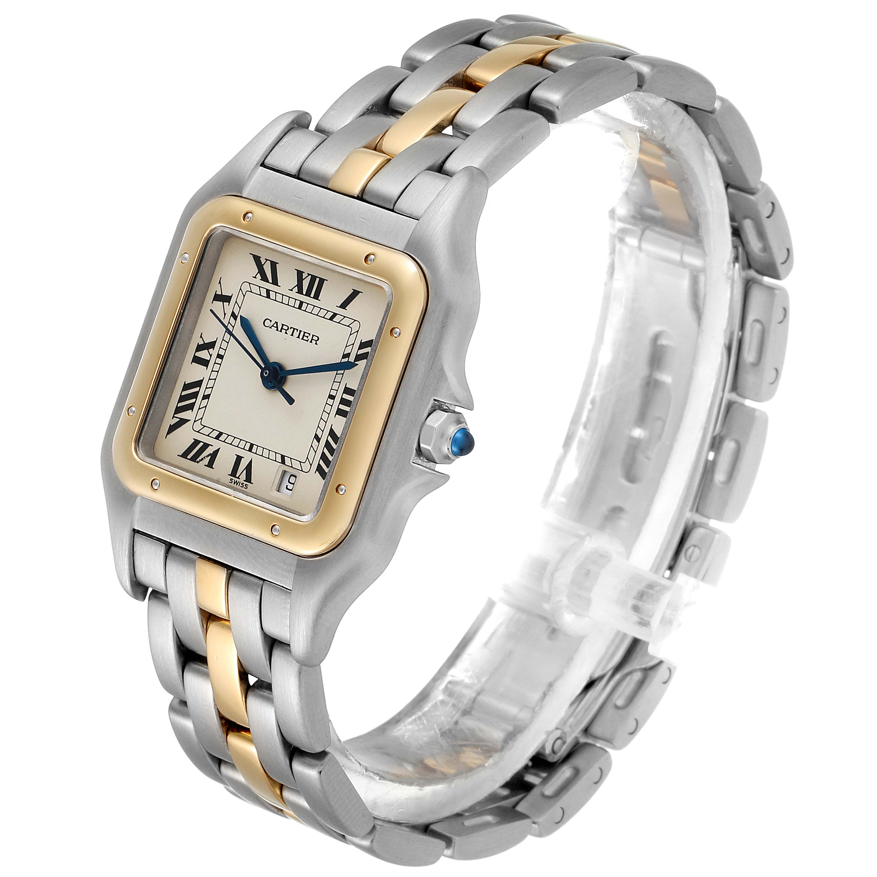 The image shows a Cartier Panthere W25028B5 Men's Steel and Gold (two tone) Silver Dial W25028B5 Men's Steel and Gold (two tone) Silver Dial watch at a three-quarter angle, highlighting the two-tone bracelet, rectangular face, and Roman numerals.