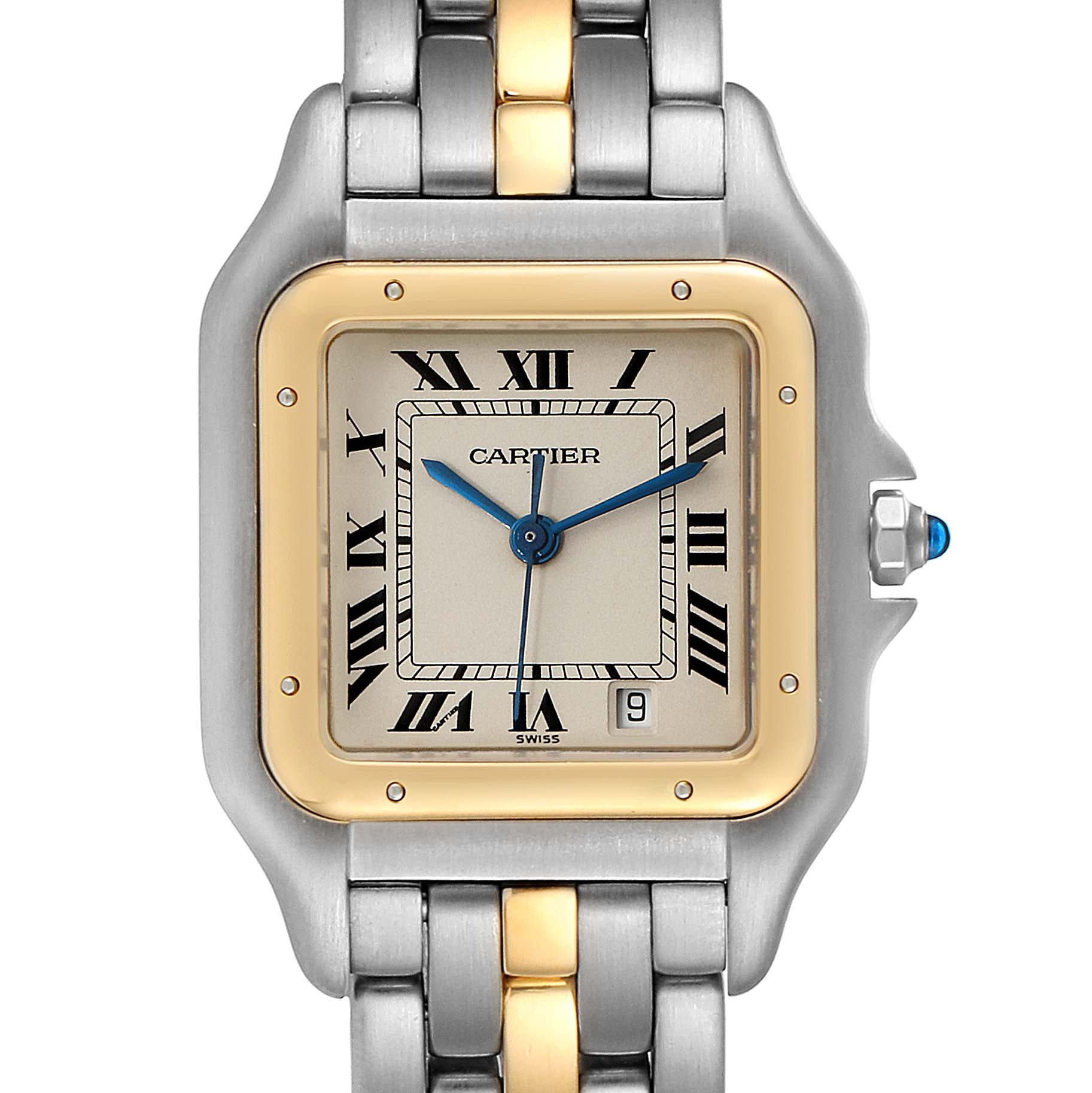 This image shows a close-up of the Cartier Panthere W25028B5 Men's Steel and Gold (two tone) Silver Dial W25028B5 Men's Steel and Gold (two tone) Silver Dial watch's face and upper part of its two-tone metal bracelet.