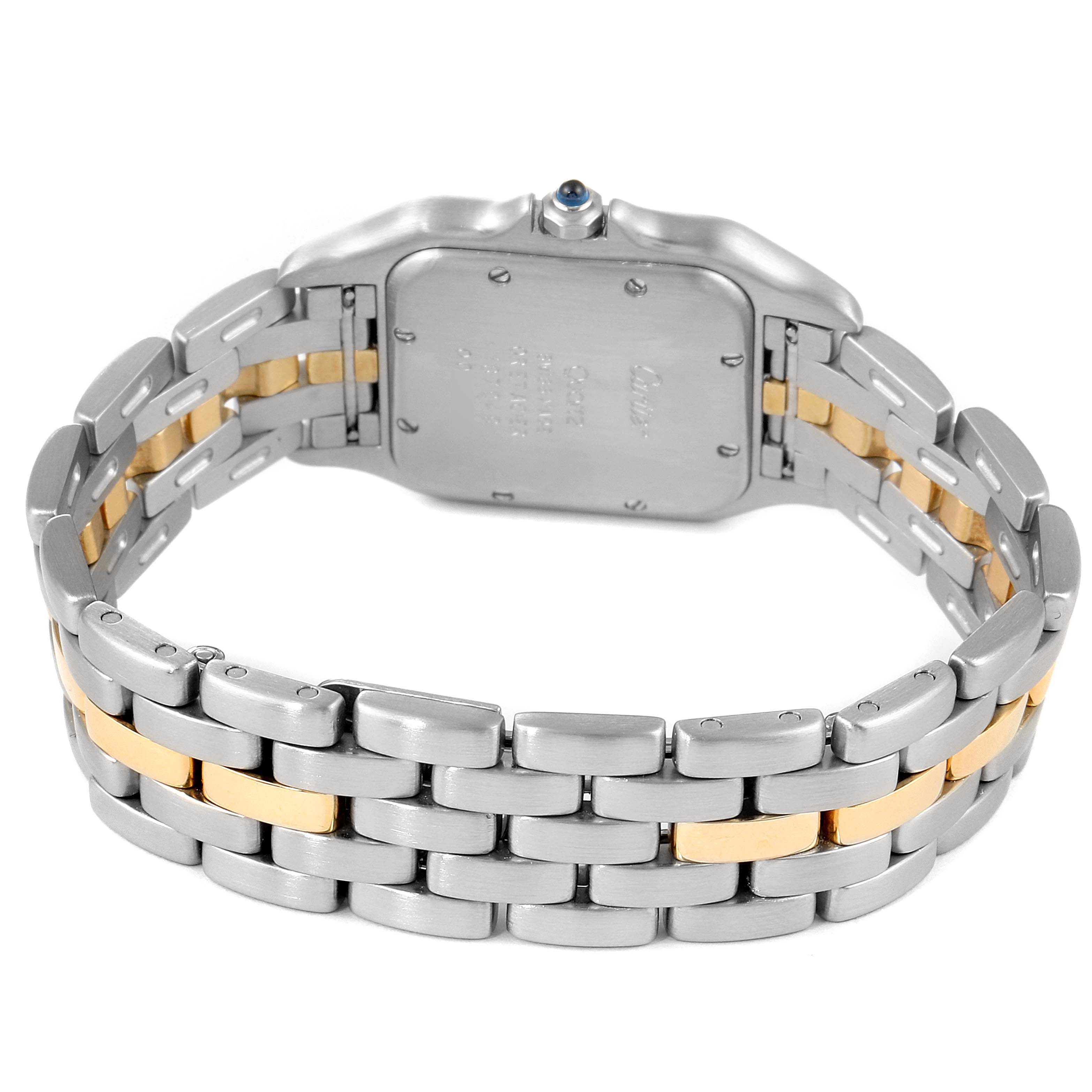 The image shows the back of the Cartier Panthère watch, highlighting its case, bracelet, and two-tone metal links.