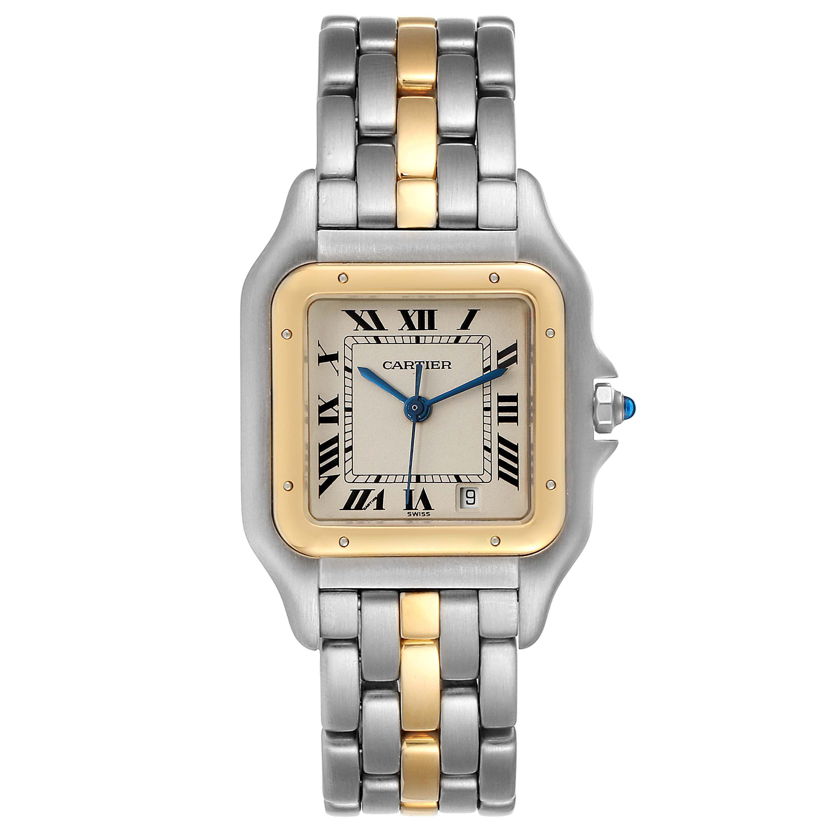 The image shows a Panthere de Cartier watch with a two-tone bracelet seen from a front angle.