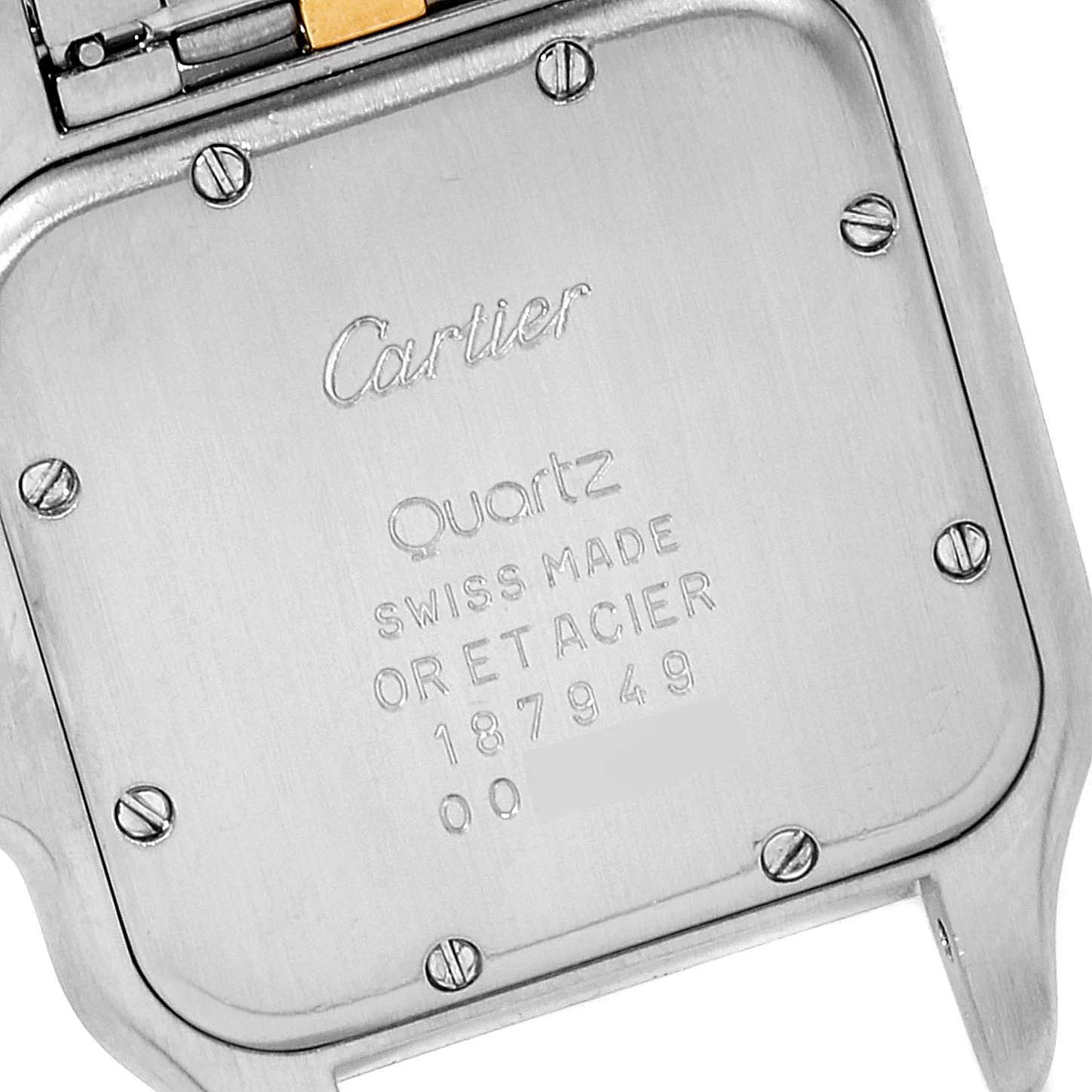 The image shows the back case of the Cartier Panthere W25028B5 Men's Steel and Gold (two tone) Silver Dial W25028B5 Men's Steel and Gold (two tone) Silver Dial model watch, displaying the brand name, movement type, and serial number.