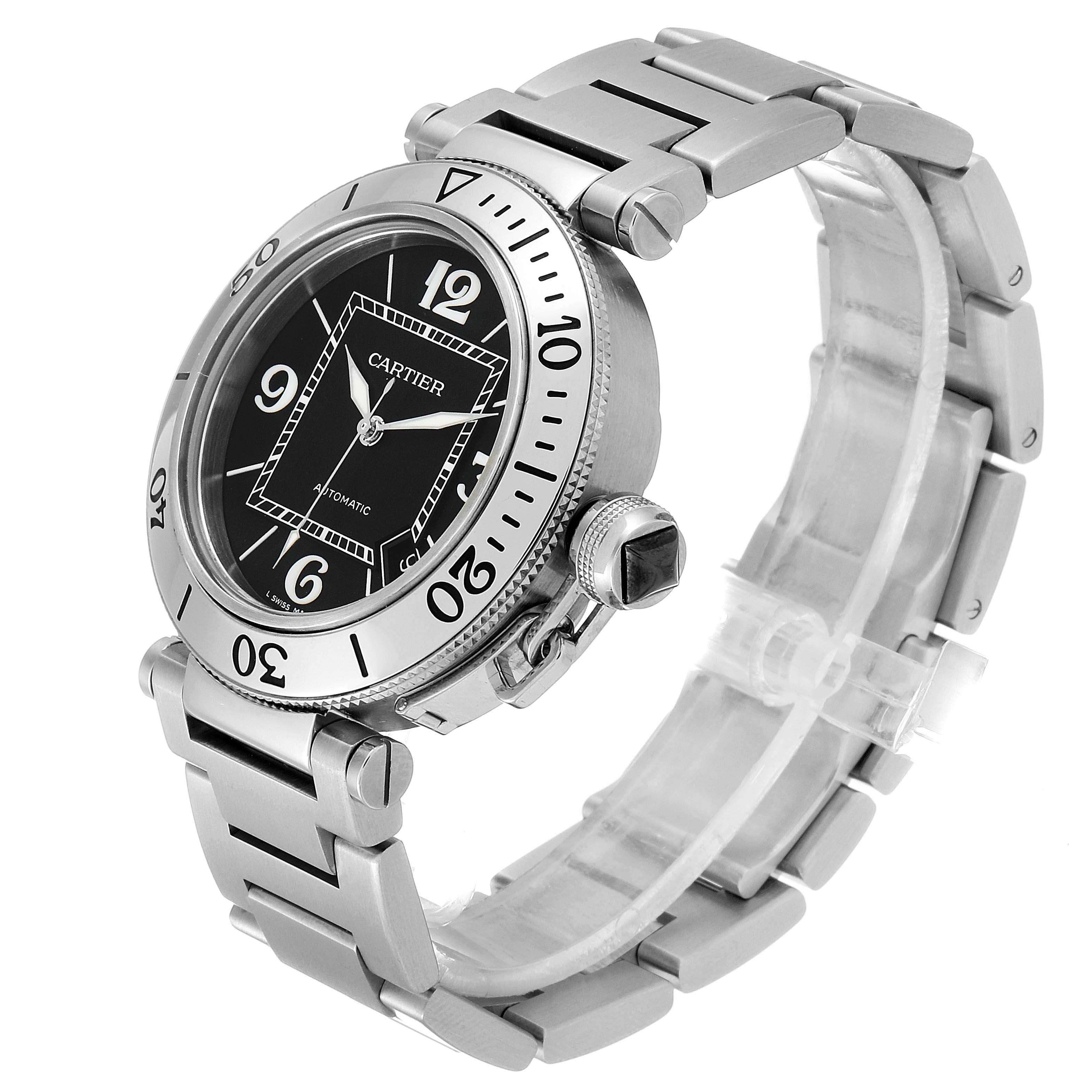The image shows a side angle view of a Cartier Pasha W31077M7 Men
s Stainless Steel Black Dial W31077M7 Men
s Stainless Steel Black Dial watch, highlighting its bracelet, bezel, and crown.