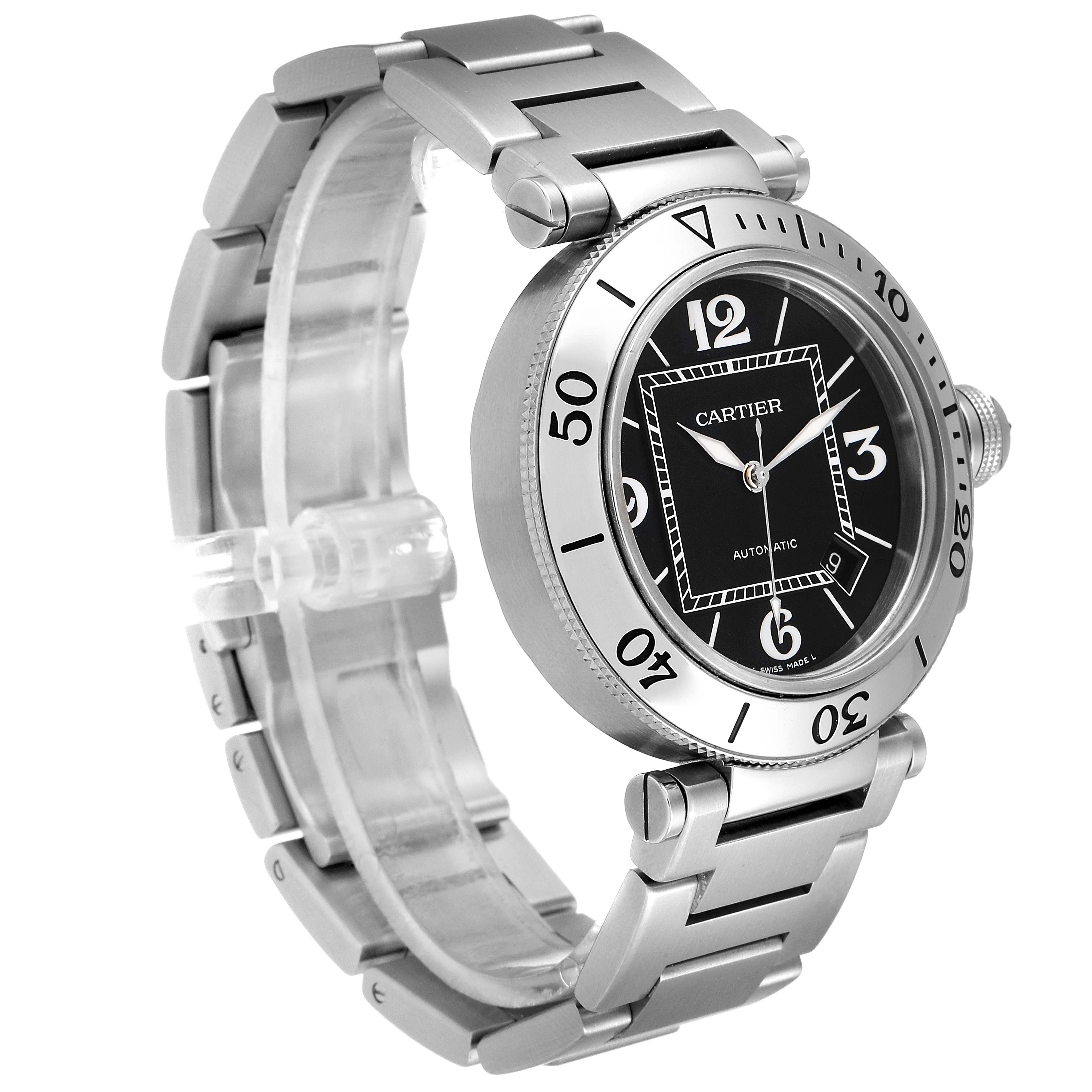 The Cartier Pasha W31077M7 Men
s Stainless Steel Black Dial W31077M7 Men
s Stainless Steel Black Dial watch is shown at a three-quarter angle, displaying its face, bezel, and part of the metal bracelet.
