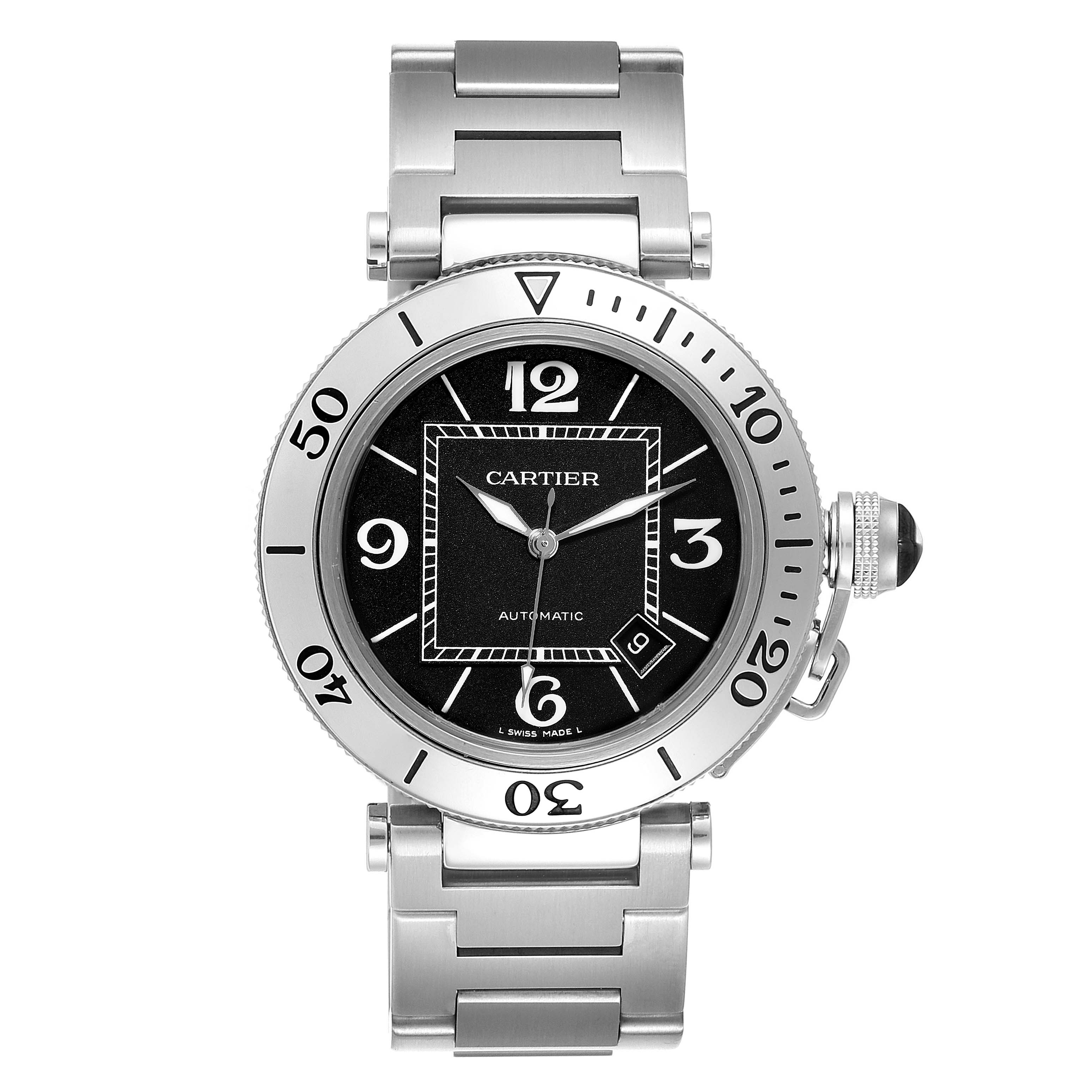 The Cartier Pasha W31077M7 Men
s Stainless Steel Black Dial W31077M7 Men
s Stainless Steel Black Dial watch is shown from the front, displaying its face, bezel, and metal bracelet.