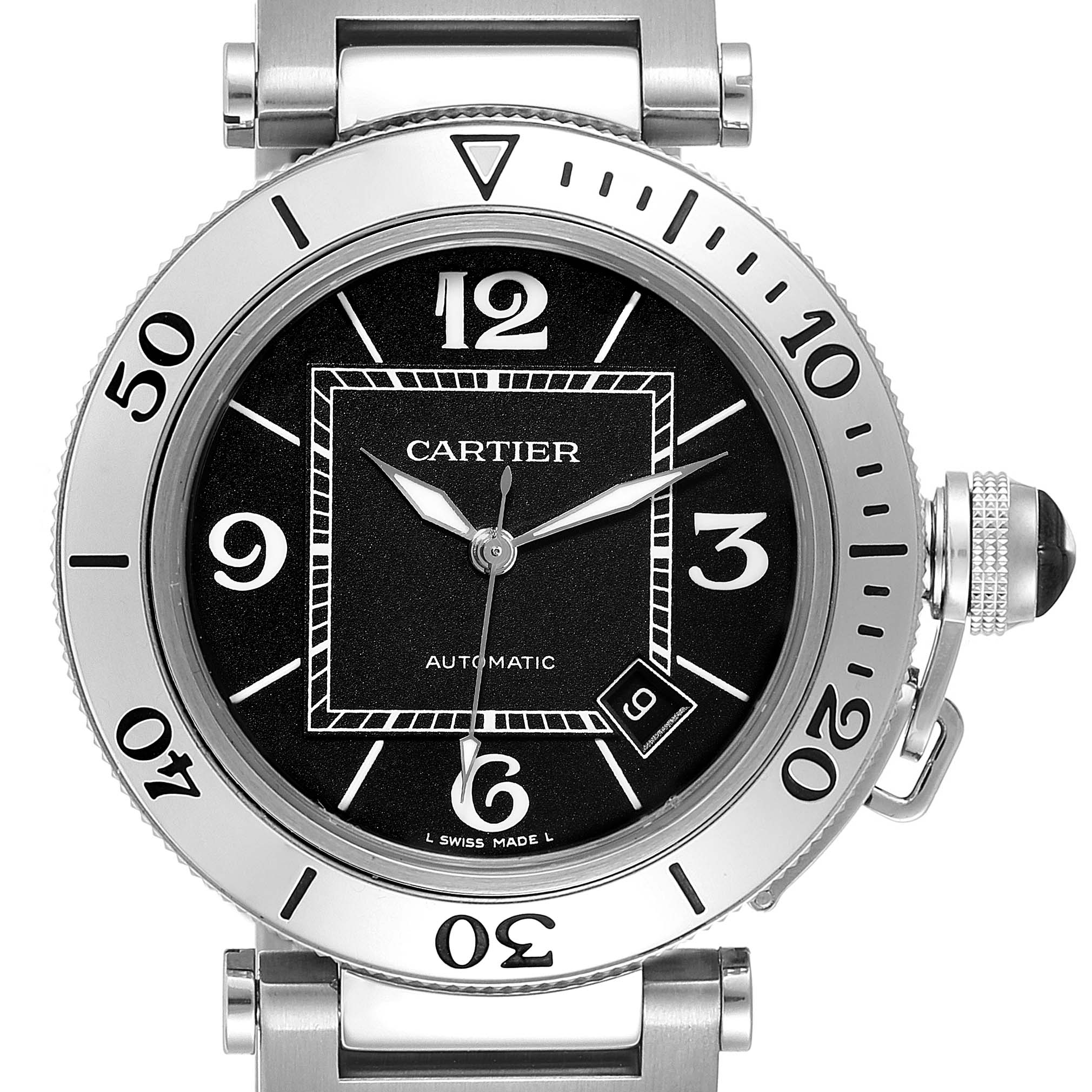 This image shows a front view of the Cartier Pasha W31077M7 Men
s Stainless Steel Black Dial W31077M7 Men
s Stainless Steel Black Dial watch, displaying the dial, bezel, crown, and part of the bracelet.