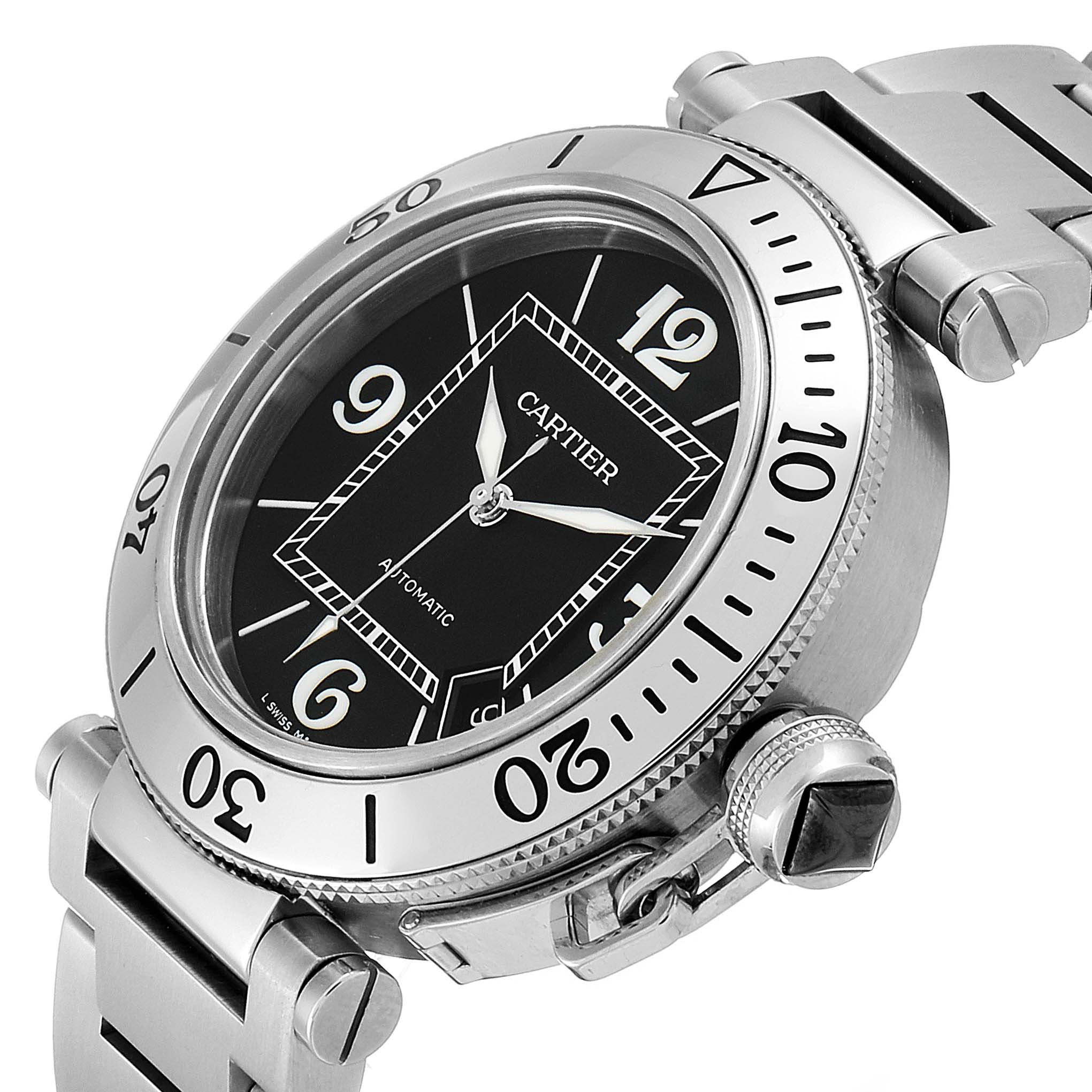 This image shows the Cartier Pasha W31077M7 Men
s Stainless Steel Black Dial W31077M7 Men
s Stainless Steel Black Dial watch at a side angle, highlighting the watch face, bezel, and part of the metal bracelet.