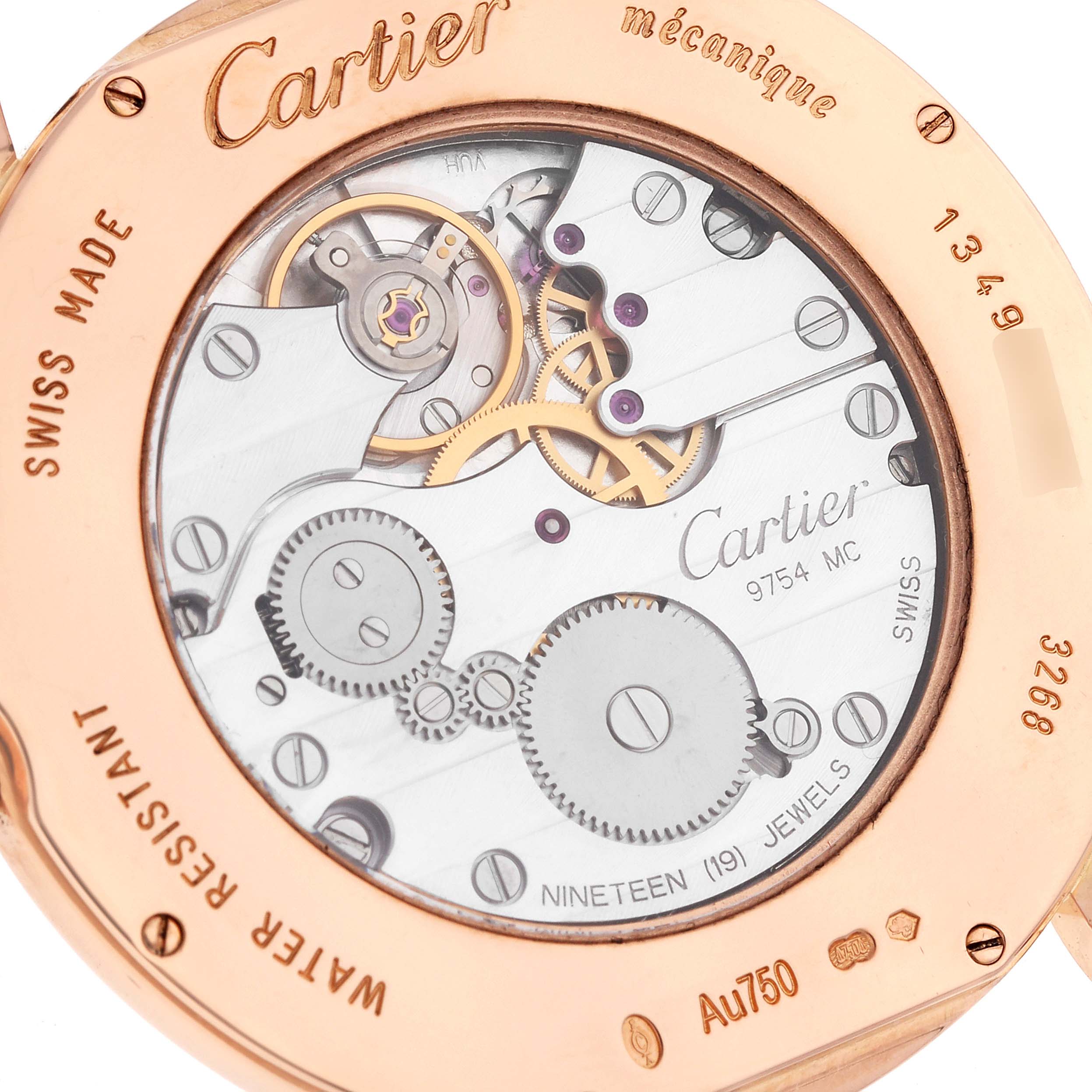 This is the back view of the Cartier Ronde WR007001 Men
s Rose Gold Silver Dial WR007001 Men
s Rose Gold Silver Dial model watch showcasing its internal mechanical components and engravings.