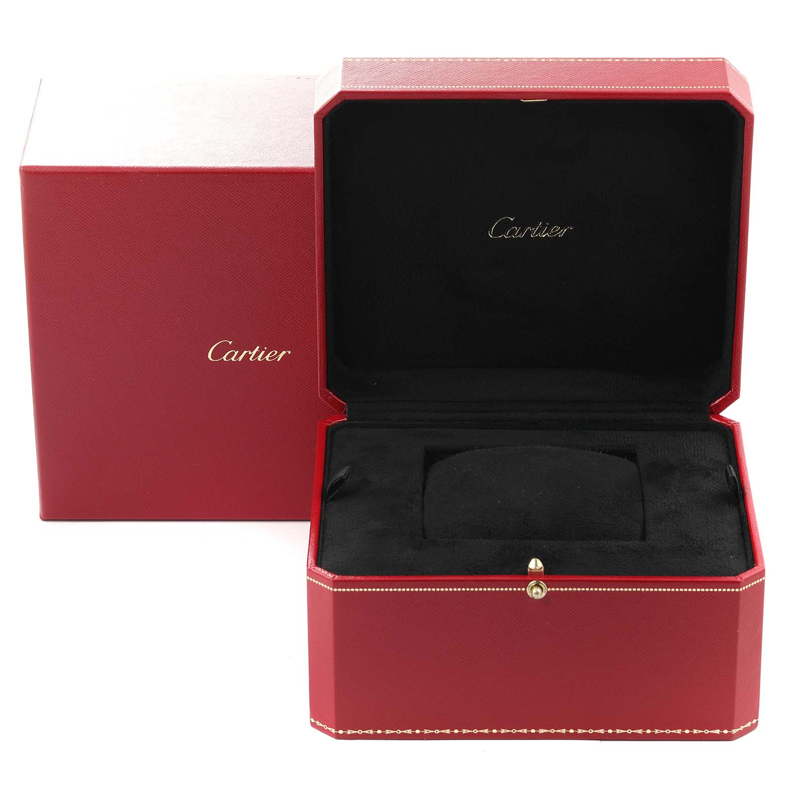 This image shows a red Cartier watch box, opened to reveal a black interior, designed for the Ronde model.