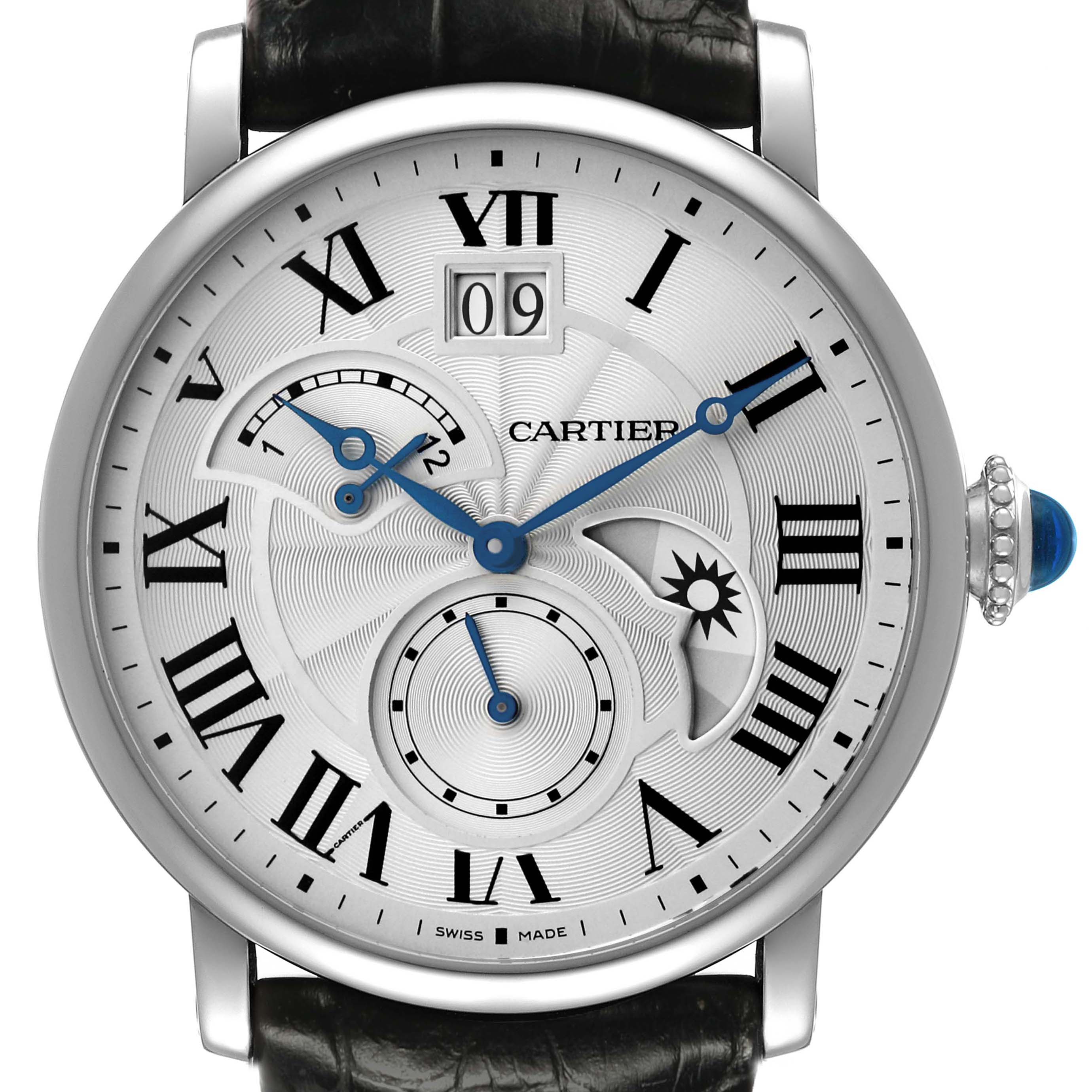 The image shows a front view of the Cartier Rotonde W1556368 Men's Stainless Steel Silver Dial watch, highlighting the dial, Roman numerals, date display, and moon phase.