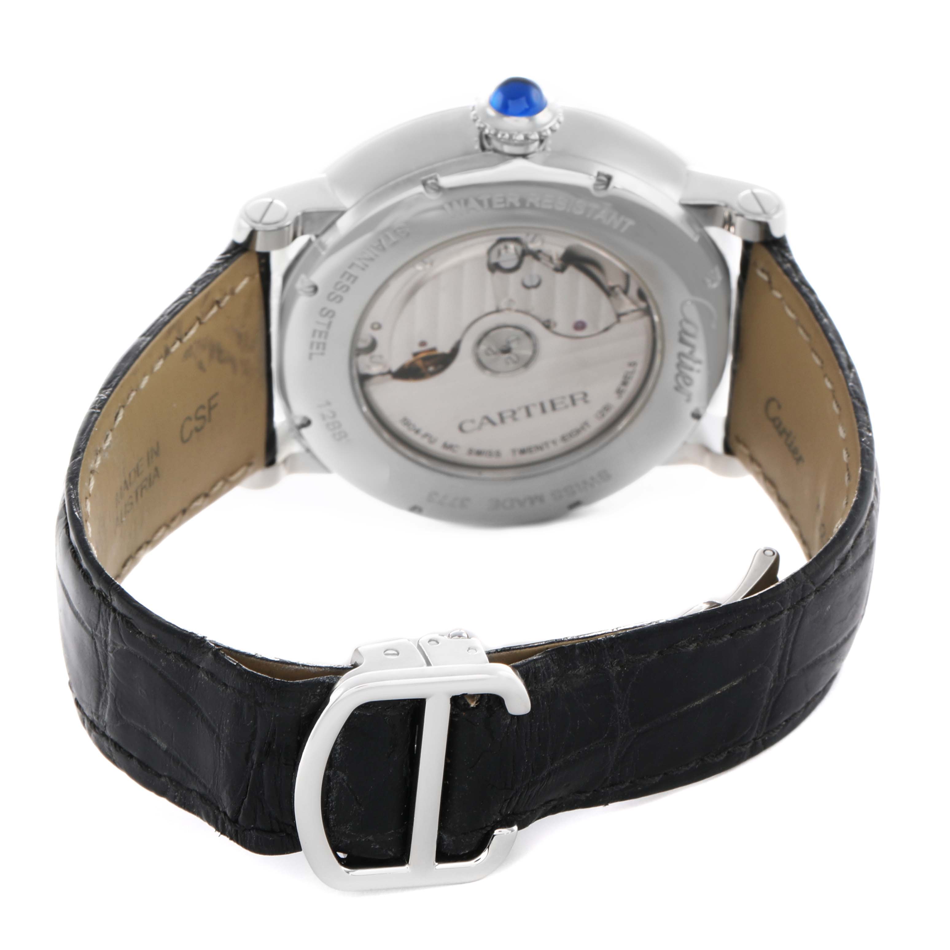 The image shows the back case and movement of the Cartier Rotonde W1556368 Men's Stainless Steel Silver Dial watch, along with a part of the strap and clasp.