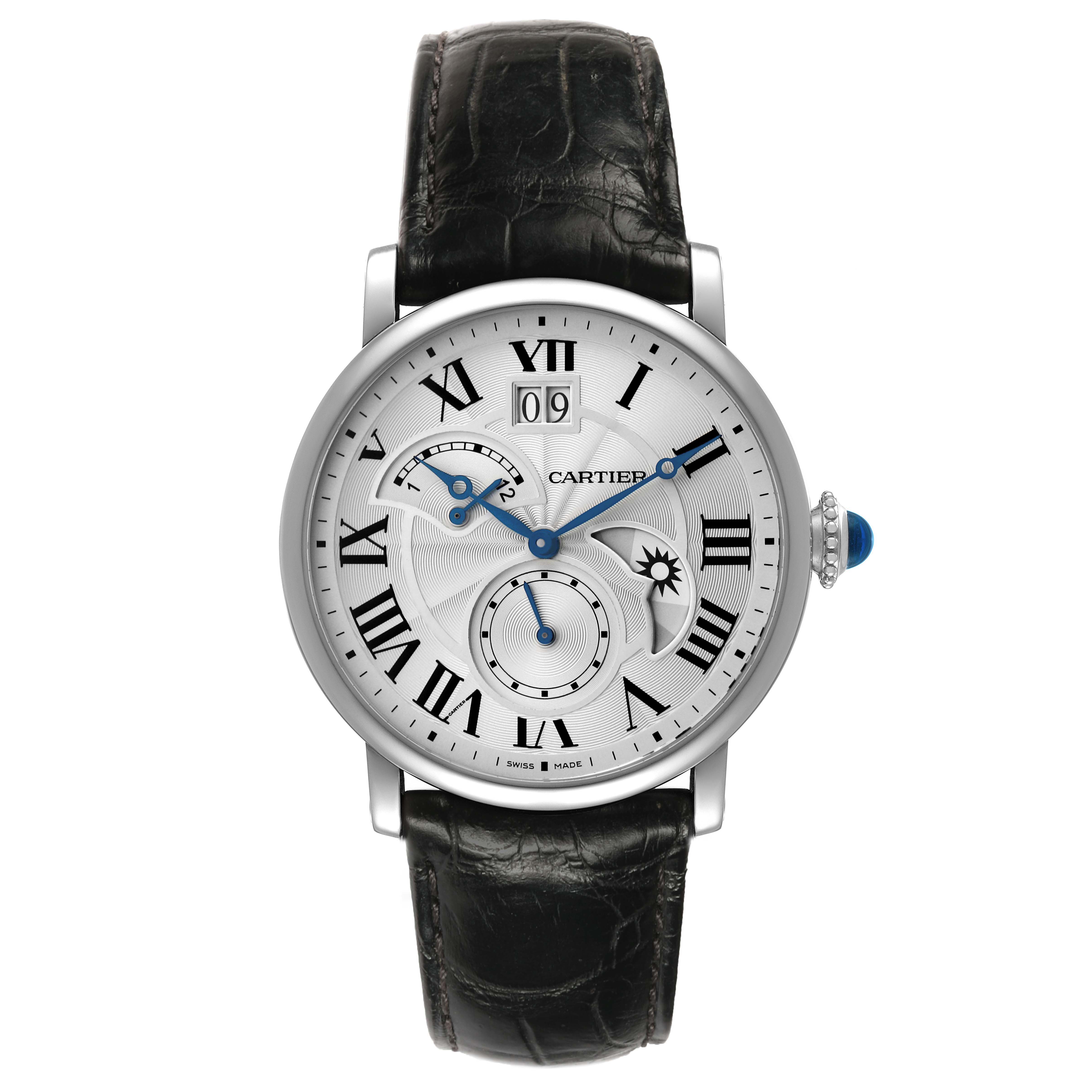 The Rotonde de Cartier watch is shown from the front, displaying its dial, Roman numerals, and black leather strap.