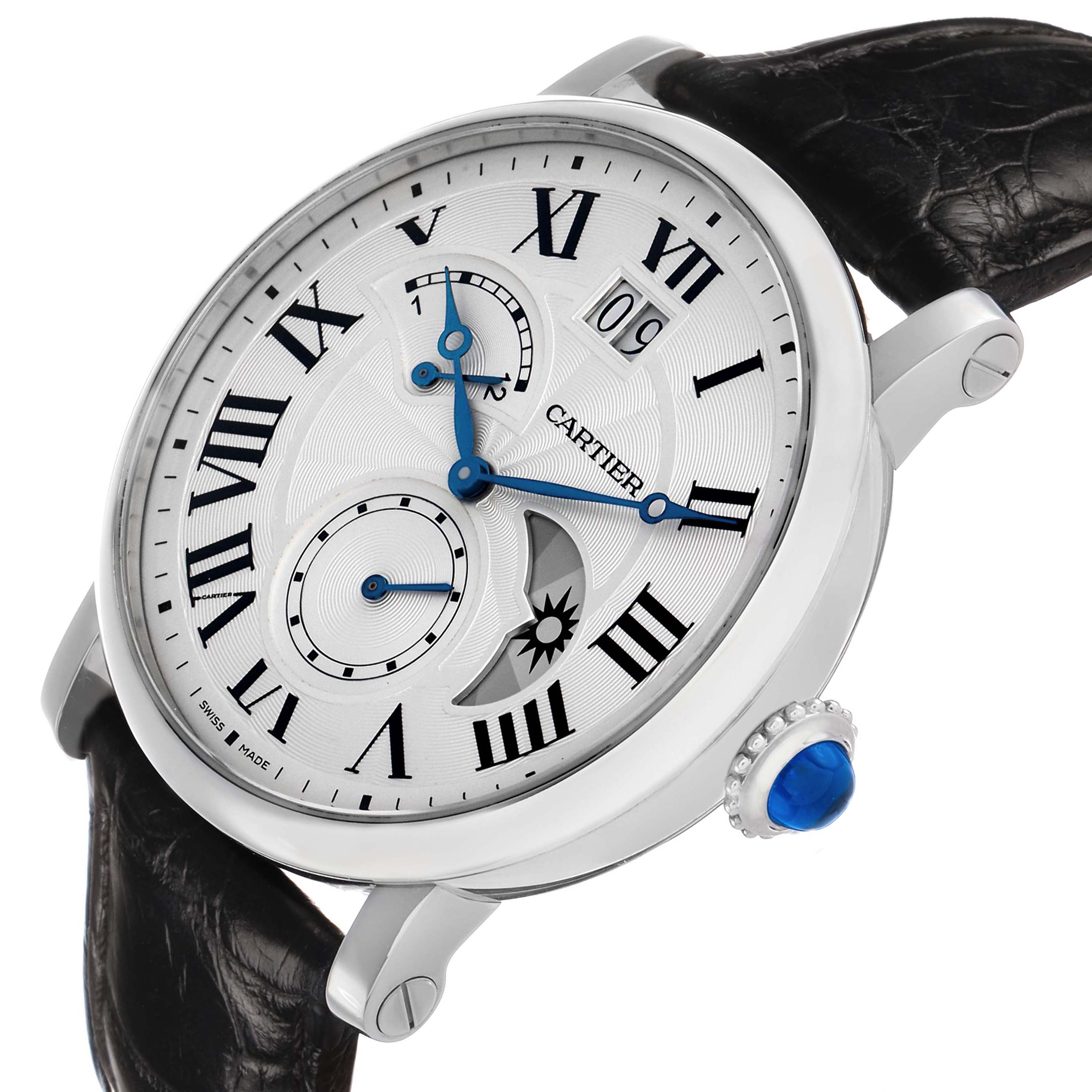 The Cartier Rotonde W1556368 Men's Stainless Steel Silver Dial watch is shown from a slightly tilted side angle, highlighting the dial, crown, and strap.