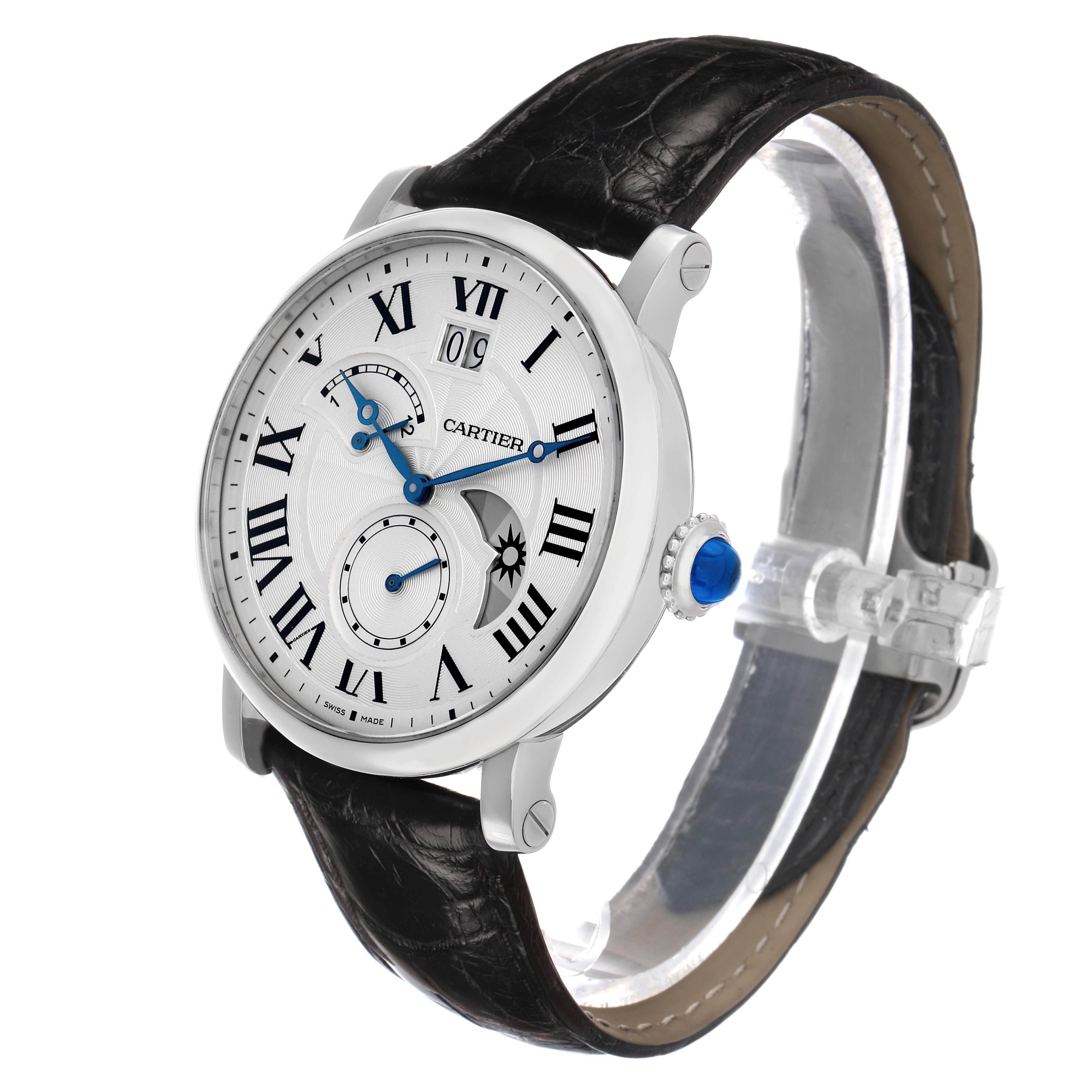 The Cartier Rotonde W1556368 Men's Stainless Steel Silver Dial watch is shown at an angle displaying the face, Roman numerals, subdials, and a black leather strap.