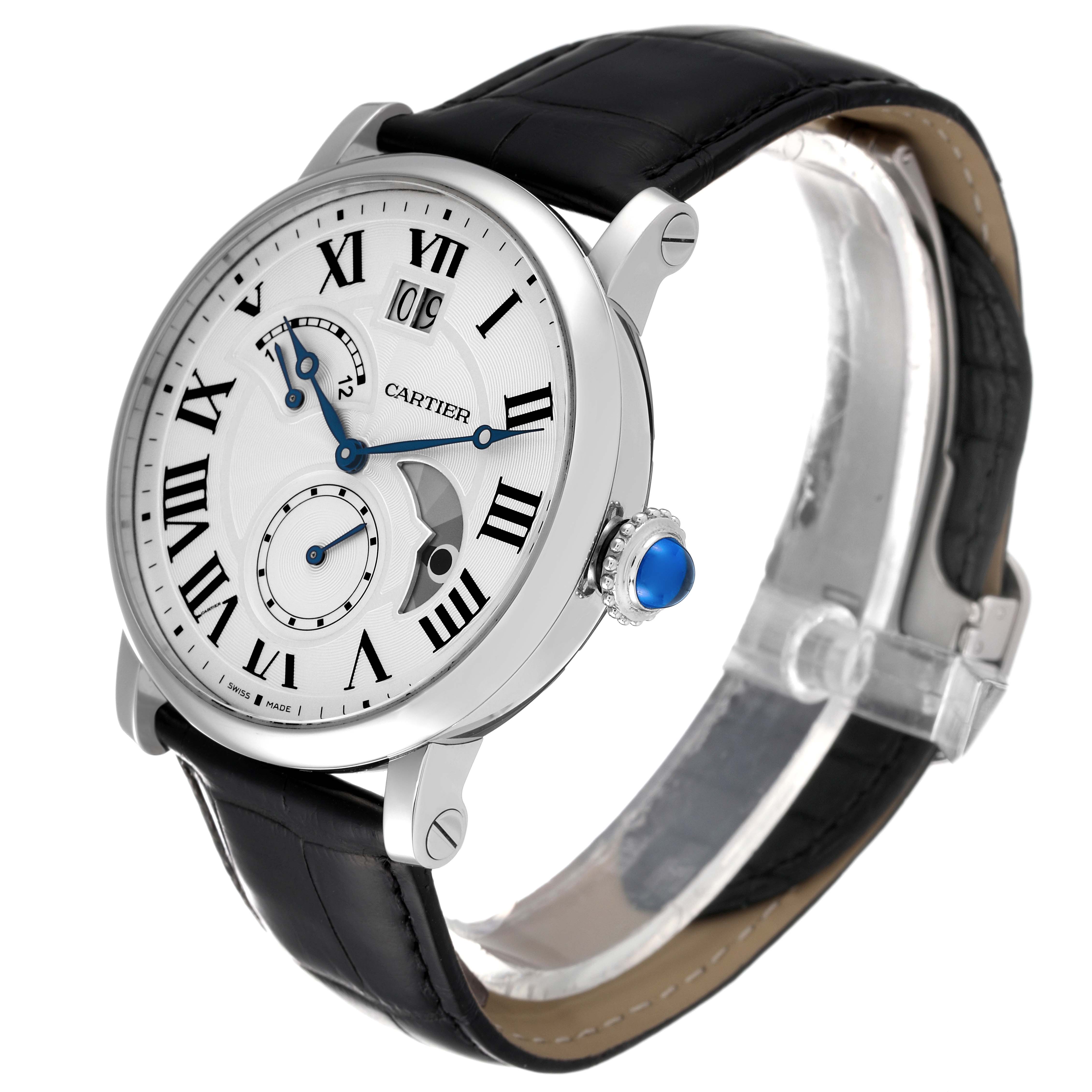 The image shows a Cartier Rotonde W1556368 Men's Stainless Steel Silver Dial W1556368 Men's Stainless Steel Silver Dial watch at a three-quarter angle, highlighting its dial, crown, and leather strap.