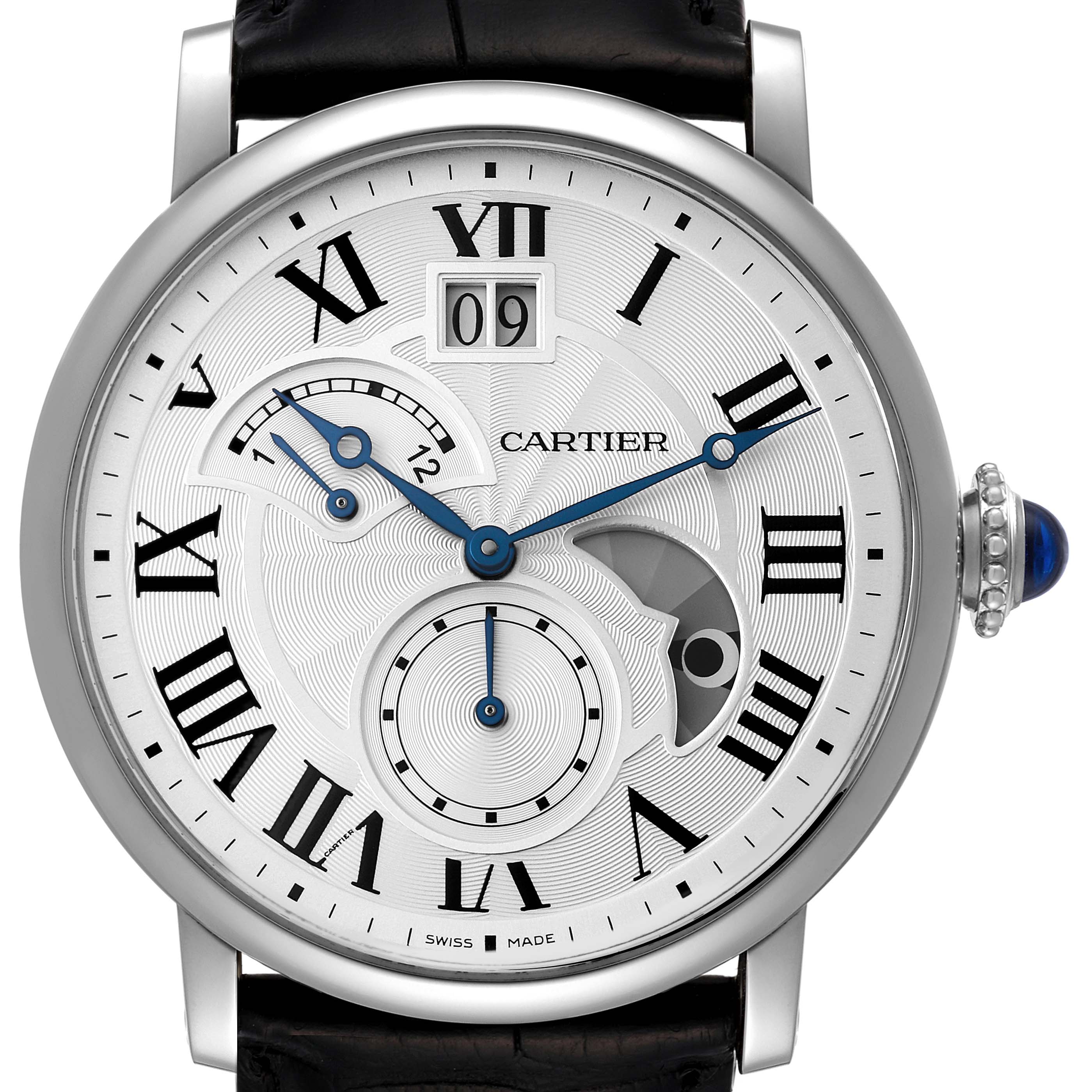 The image shows a front view of a Rotonde model by Cartier, featuring its dial, crown, and part of the strap.