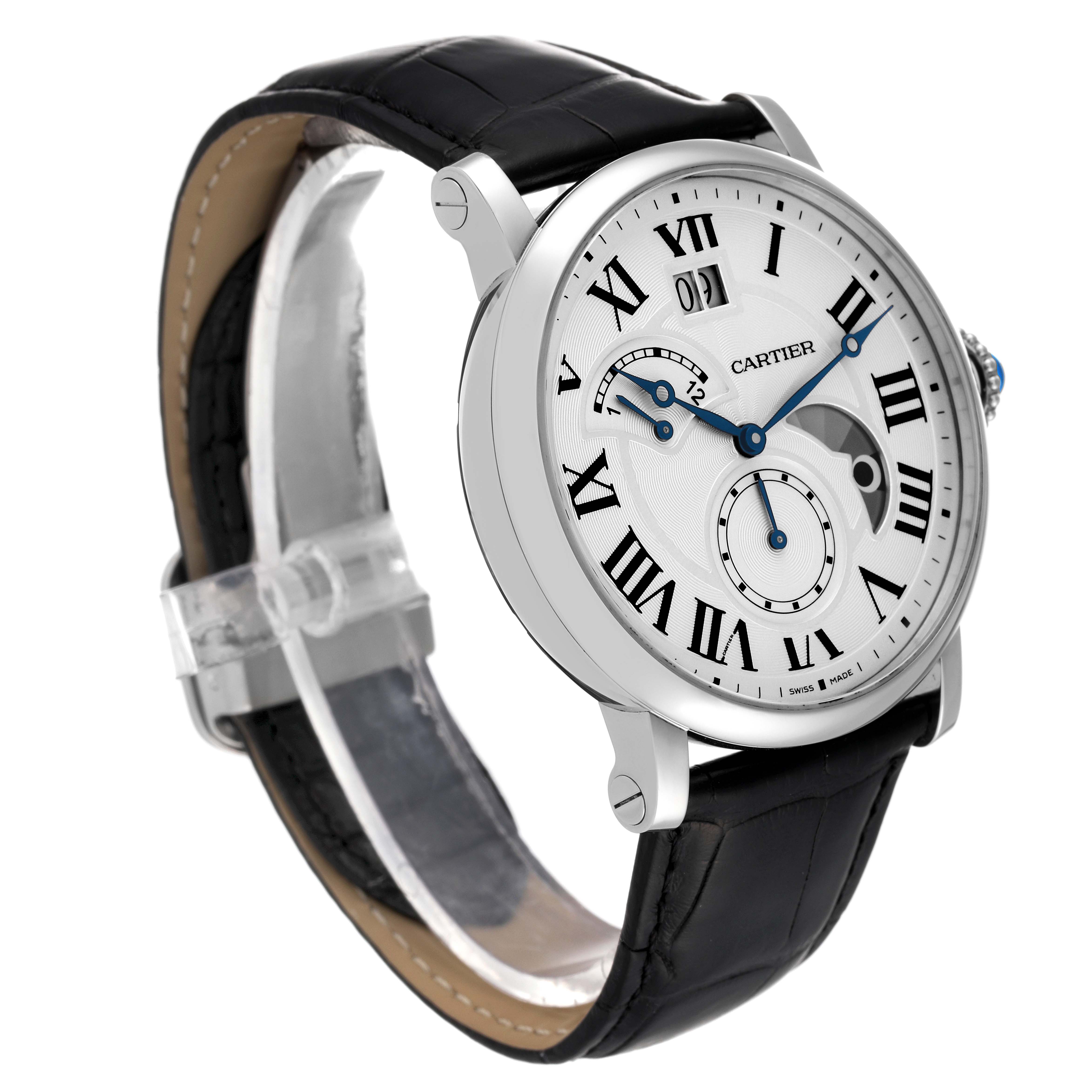 This Cartier Rotonde W1556368 Men's Stainless Steel Silver Dial W1556368 Men's Stainless Steel Silver Dial watch is shown from an angled side view, displaying its face, crown, case, and black leather strap.