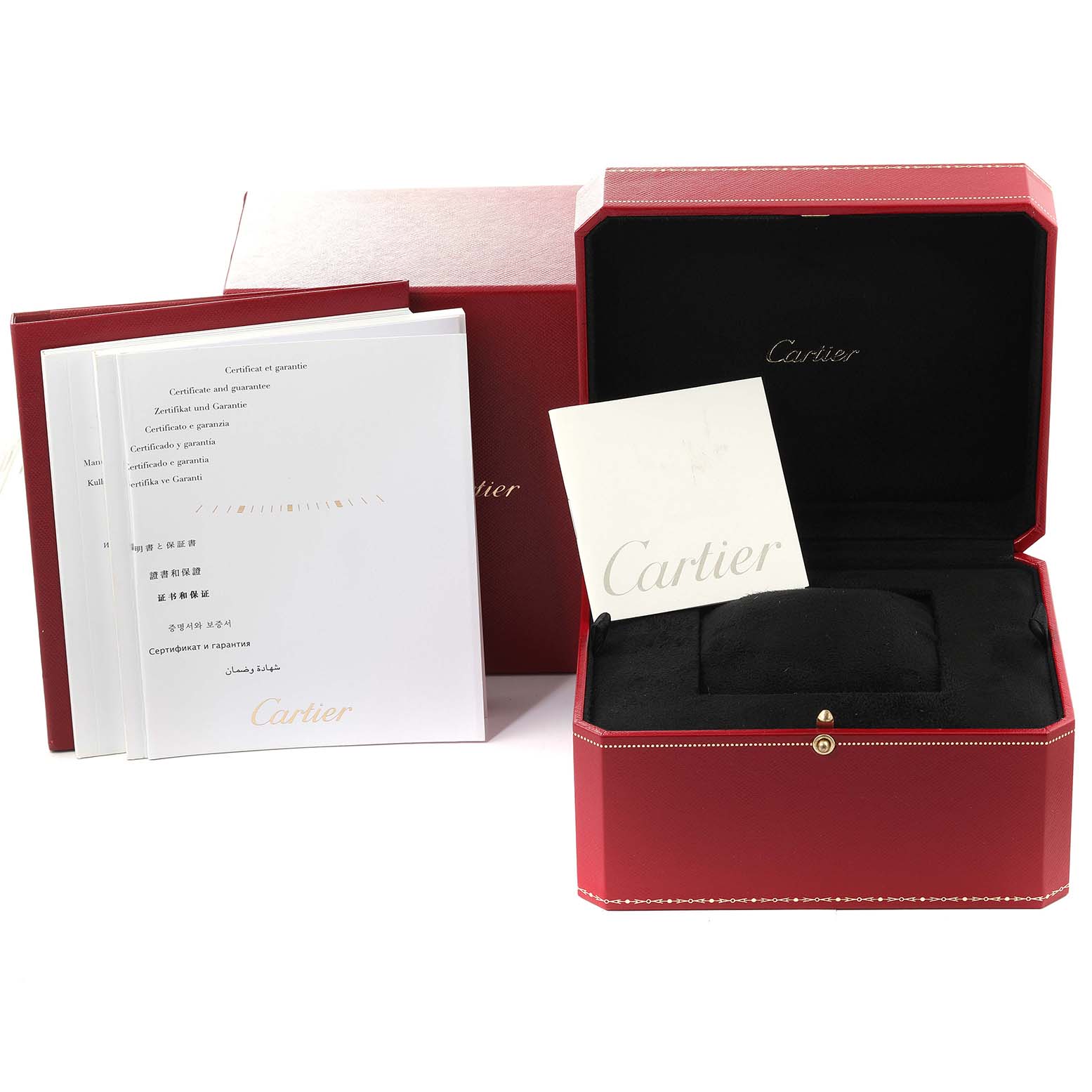 The image shows the packaging, documentation, and an open box for a Rotonde model by Cartier.