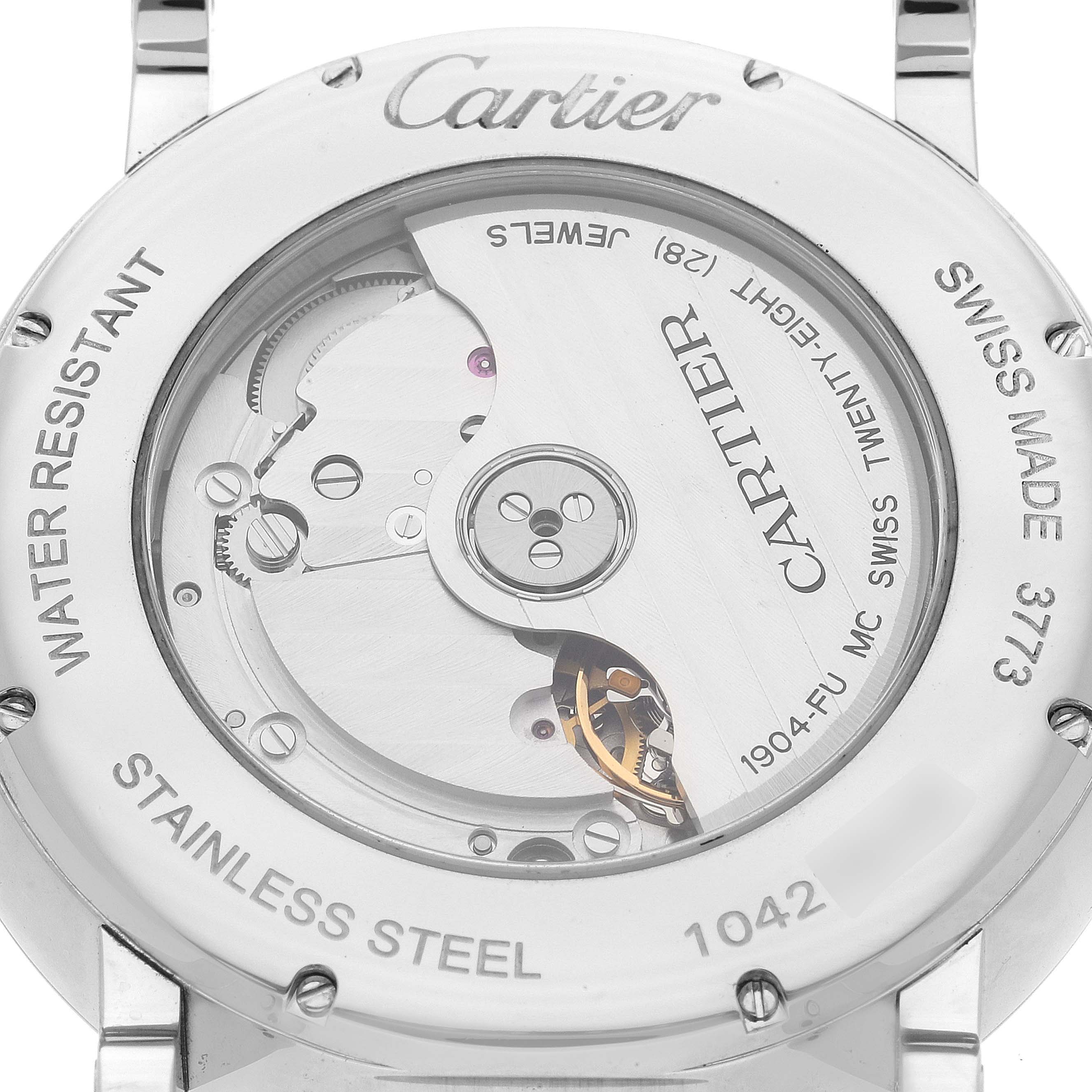 The image shows the back view of a Rotonde model by Cartier, highlighting the movement and mechanism, labeled with "Cartier," "Swiss Made," and specifications.