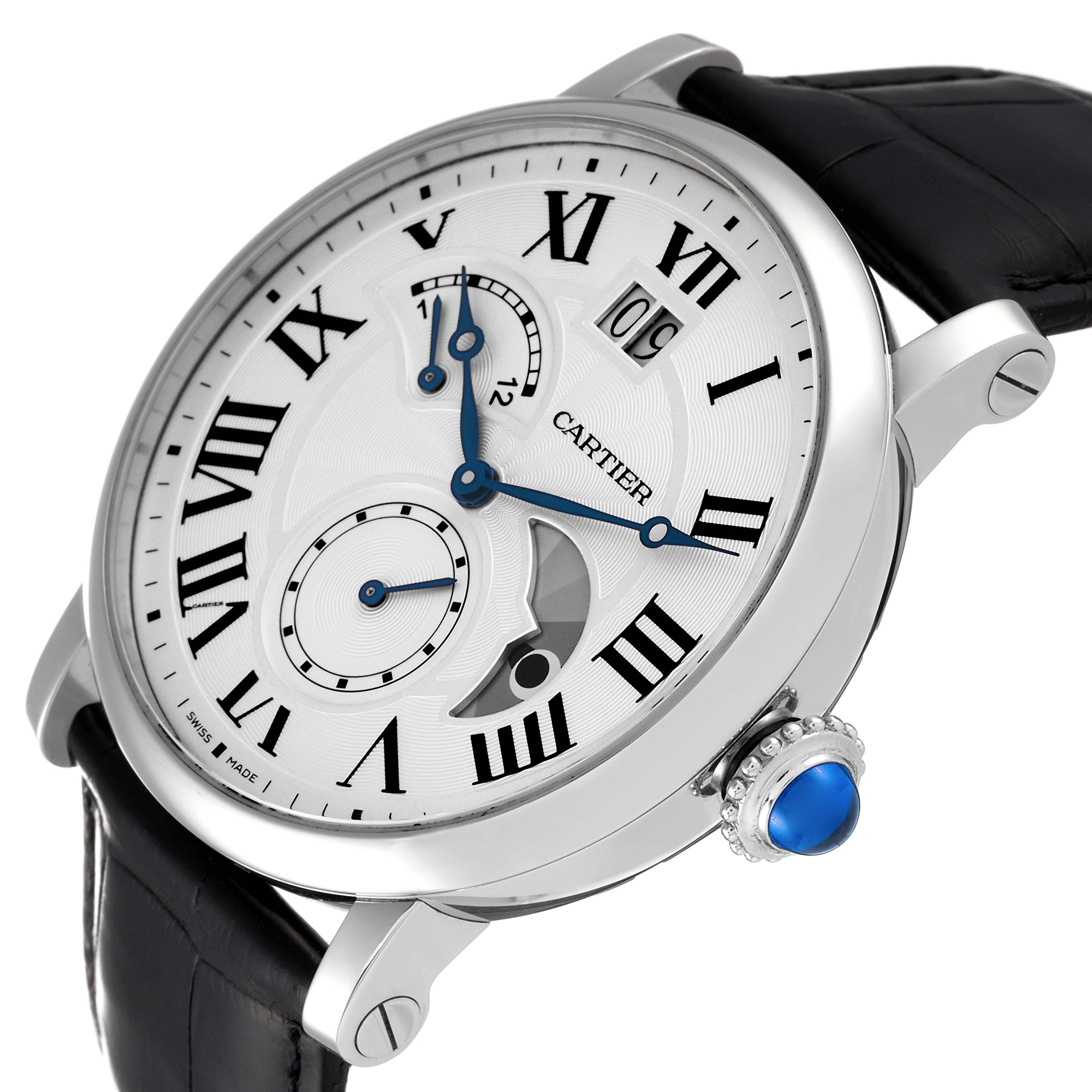 The image shows a Rotonde de Cartier watch at an oblique angle, highlighting the dial, crown, and leather strap.