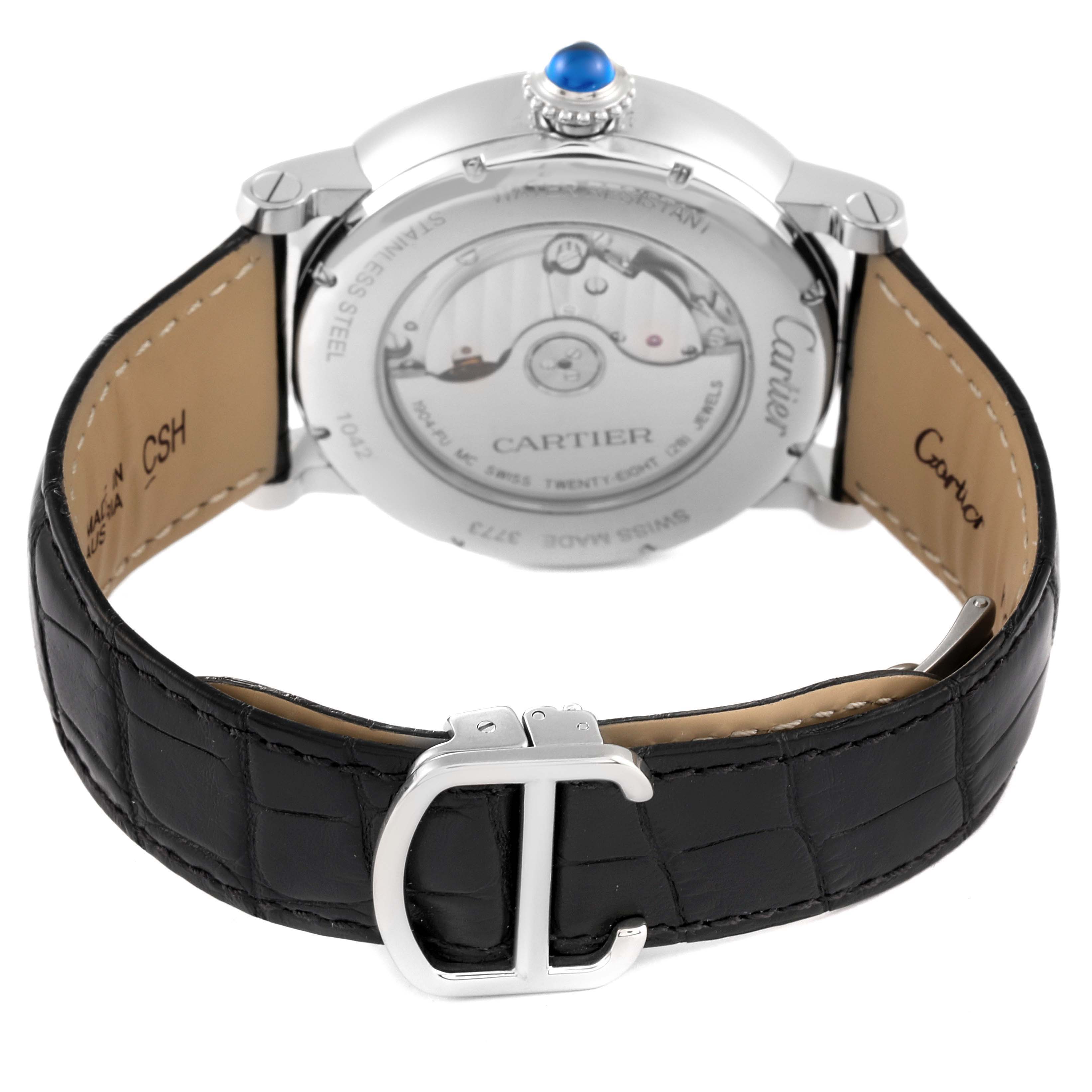 This image shows the back view of the Rotonde model by Cartier, highlighting its transparent case back and black leather strap.