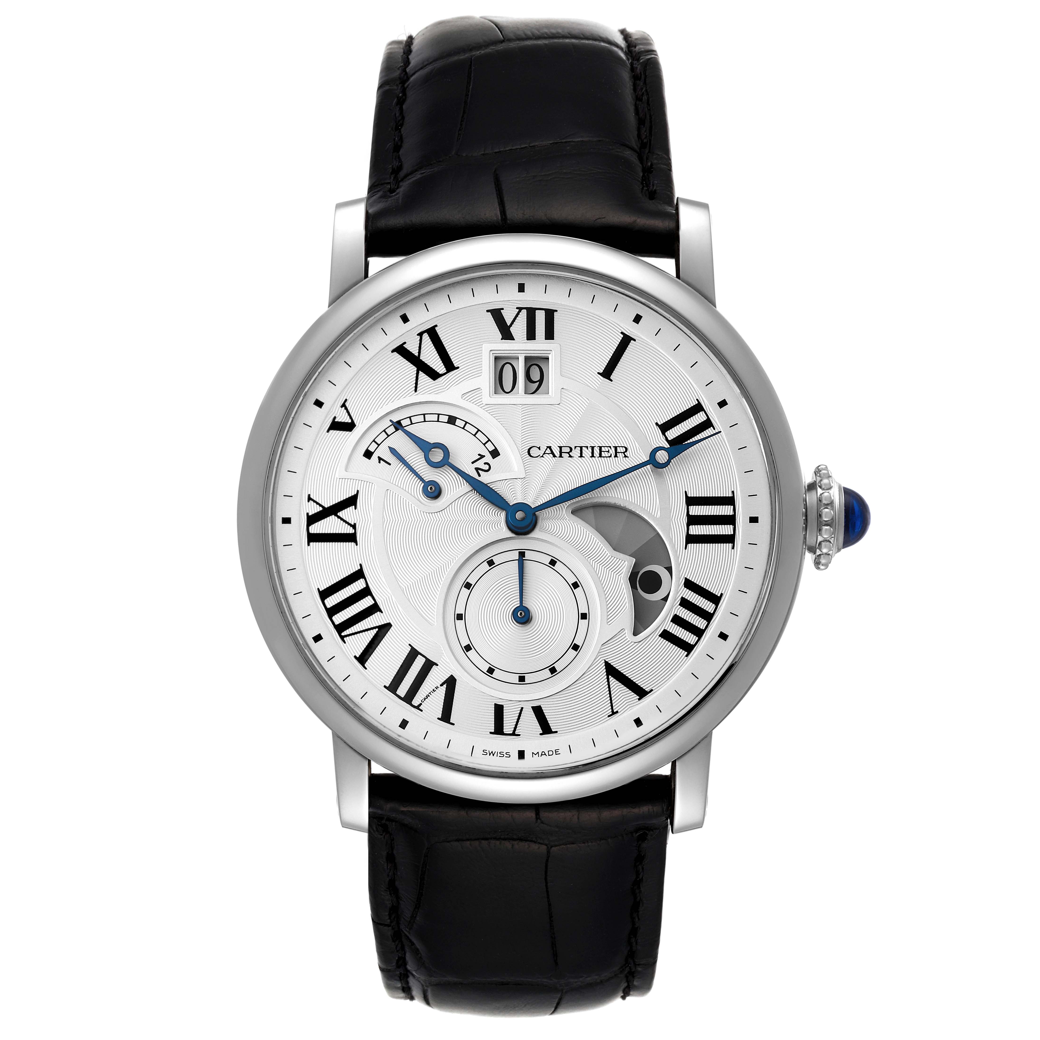 The image shows the face and black leather strap of a Rotonde model by Cartier at a front angle.