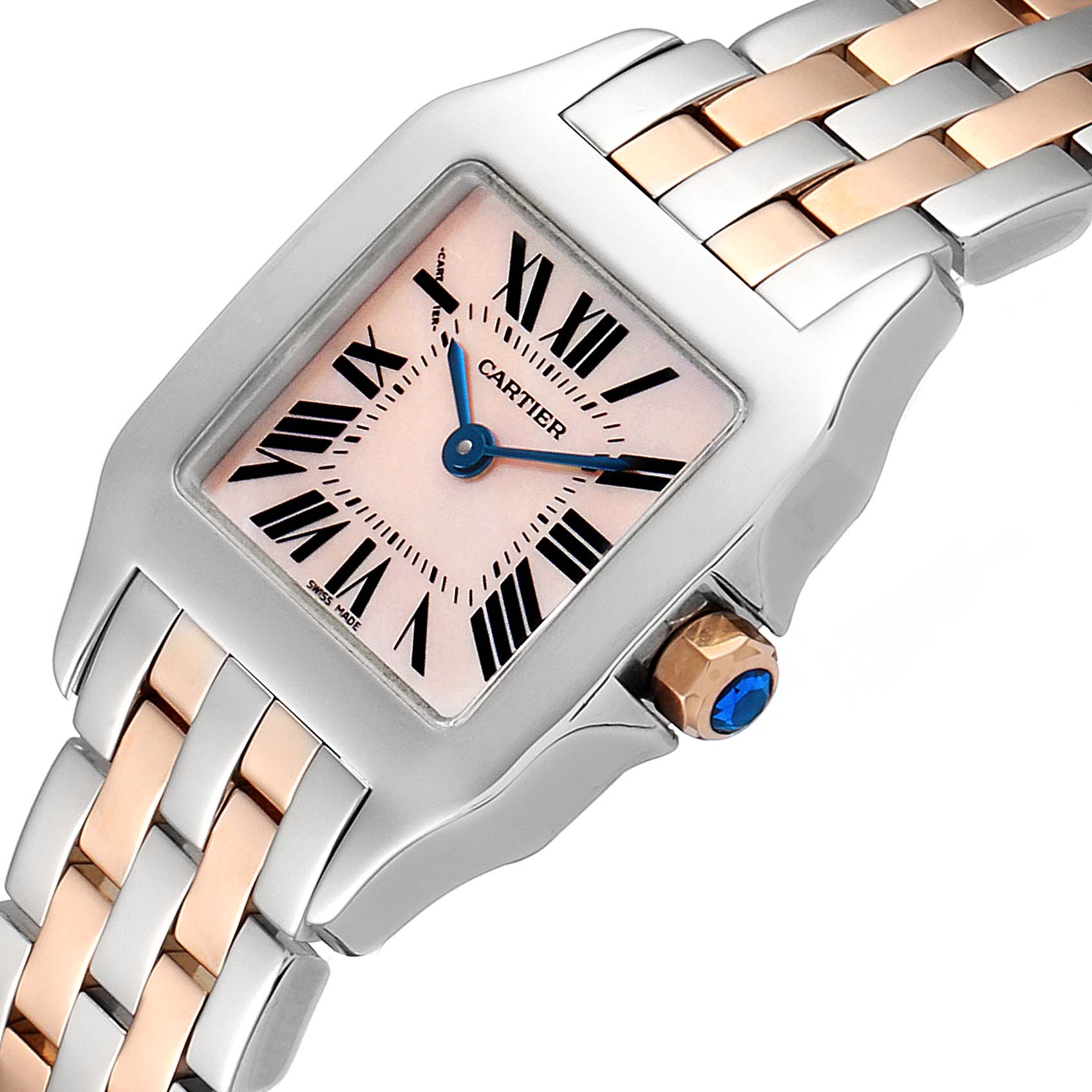 The image shows the face, bezel, crown, and part of the strap of the Cartier Santos Demoiselle W25074Y9 Women's Steel and Gold (two tone) Mother of Pearl Dial W25074Y9 Women's Steel and Gold (two tone) Mother of Pearl Dial watch at an angle.