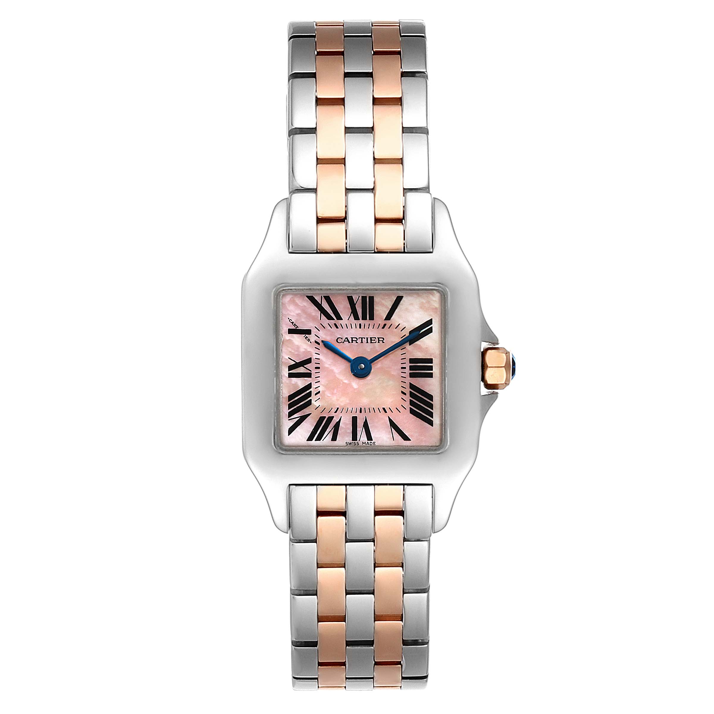 This image shows a Cartier Santos Demoiselle W25074Y9 Women's Steel and Gold (two tone) Mother of Pearl Dial W25074Y9 Women's Steel and Gold (two tone) Mother of Pearl Dial watch from a front angle, highlighting its face and two-tone metal bracelet.