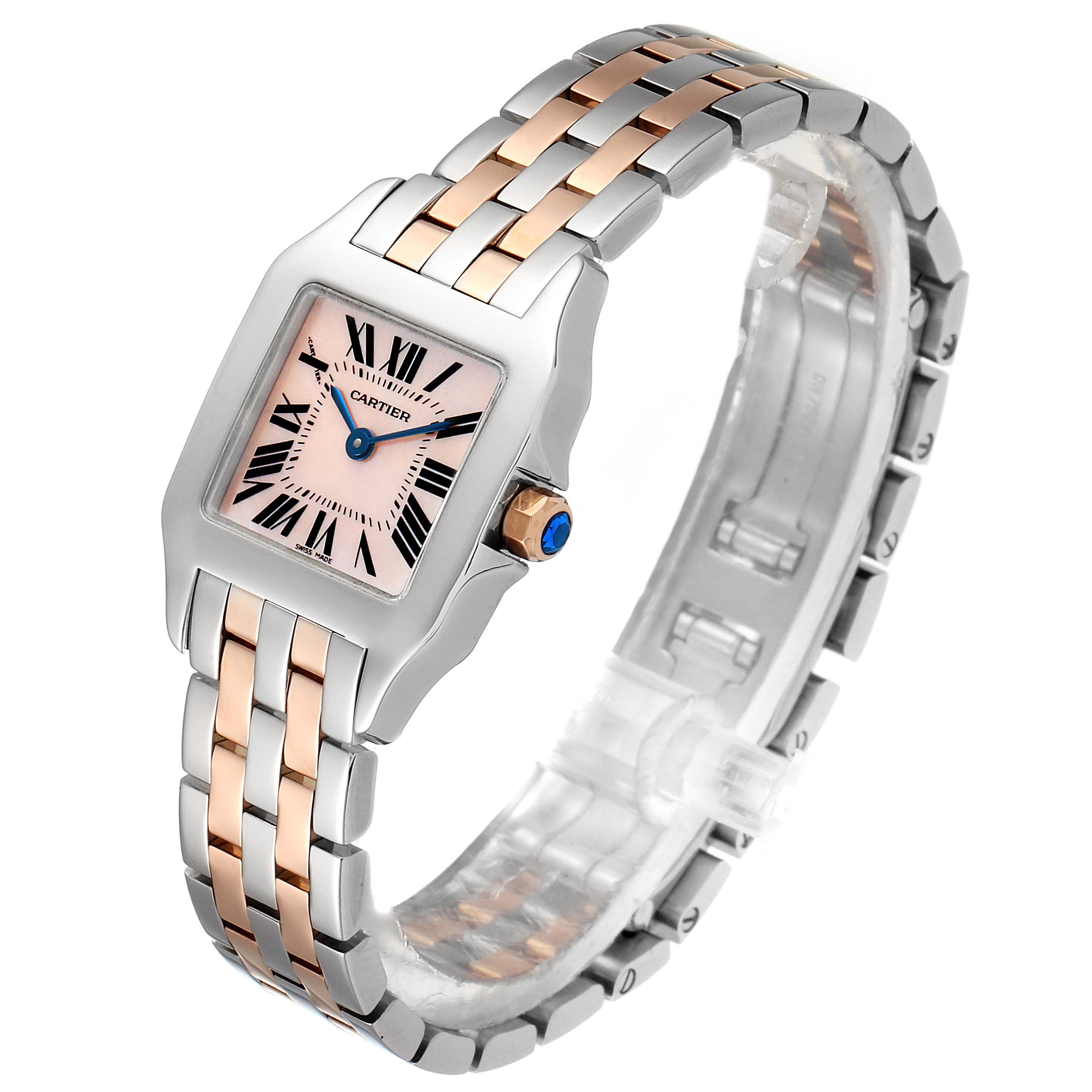 The Cartier Santos Demoiselle W25074Y9 Women's Steel and Gold (two tone) Mother of Pearl Dial W25074Y9 Women's Steel and Gold (two tone) Mother of Pearl Dial watch is shown from an angled perspective, highlighting its dual-tone band, face, and crown.