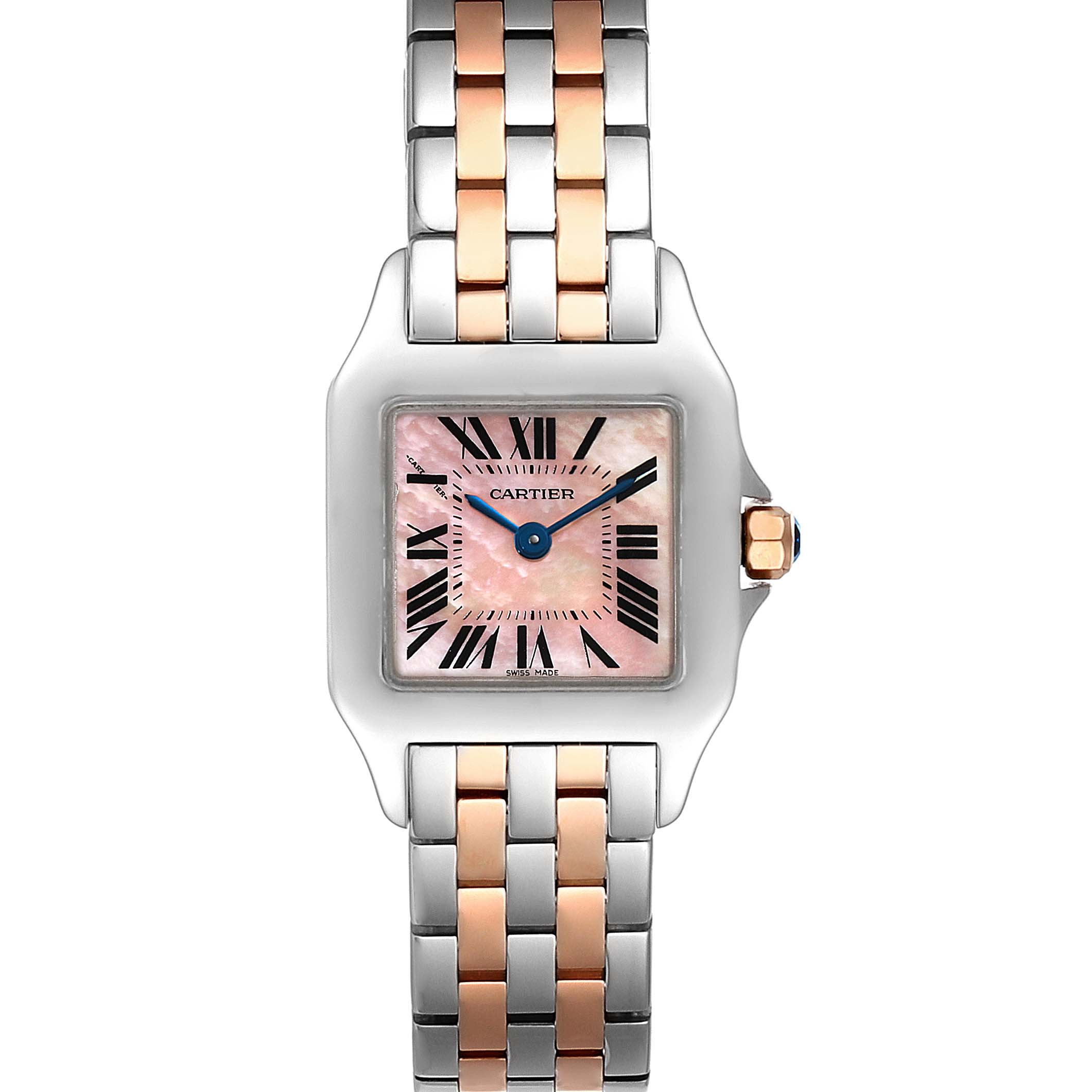The image shows a front view of the Cartier Santos Demoiselle W25074Y9 Women's Steel and Gold (two tone) Mother of Pearl Dial W25074Y9 Women's Steel and Gold (two tone) Mother of Pearl Dial watch, featuring a two-tone bracelet and a pink dial with Roman numerals.