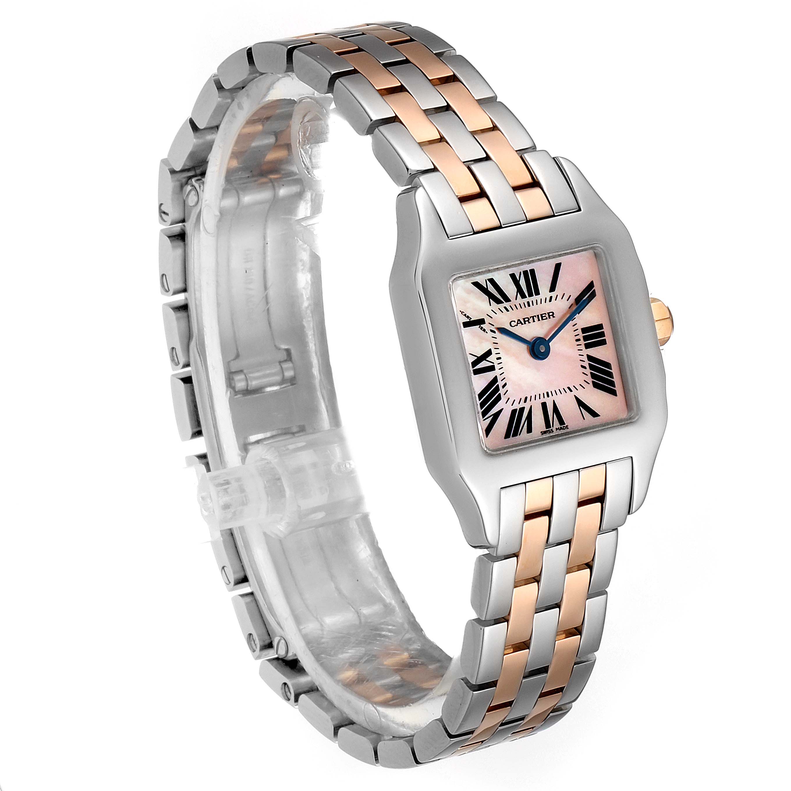 The image shows a Cartier Santos Demoiselle W25074Y9 Women's Steel and Gold (two tone) Mother of Pearl Dial W25074Y9 Women's Steel and Gold (two tone) Mother of Pearl Dial watch at a three-quarter angle, highlighting its face, bezel, and two-tone bracelet.