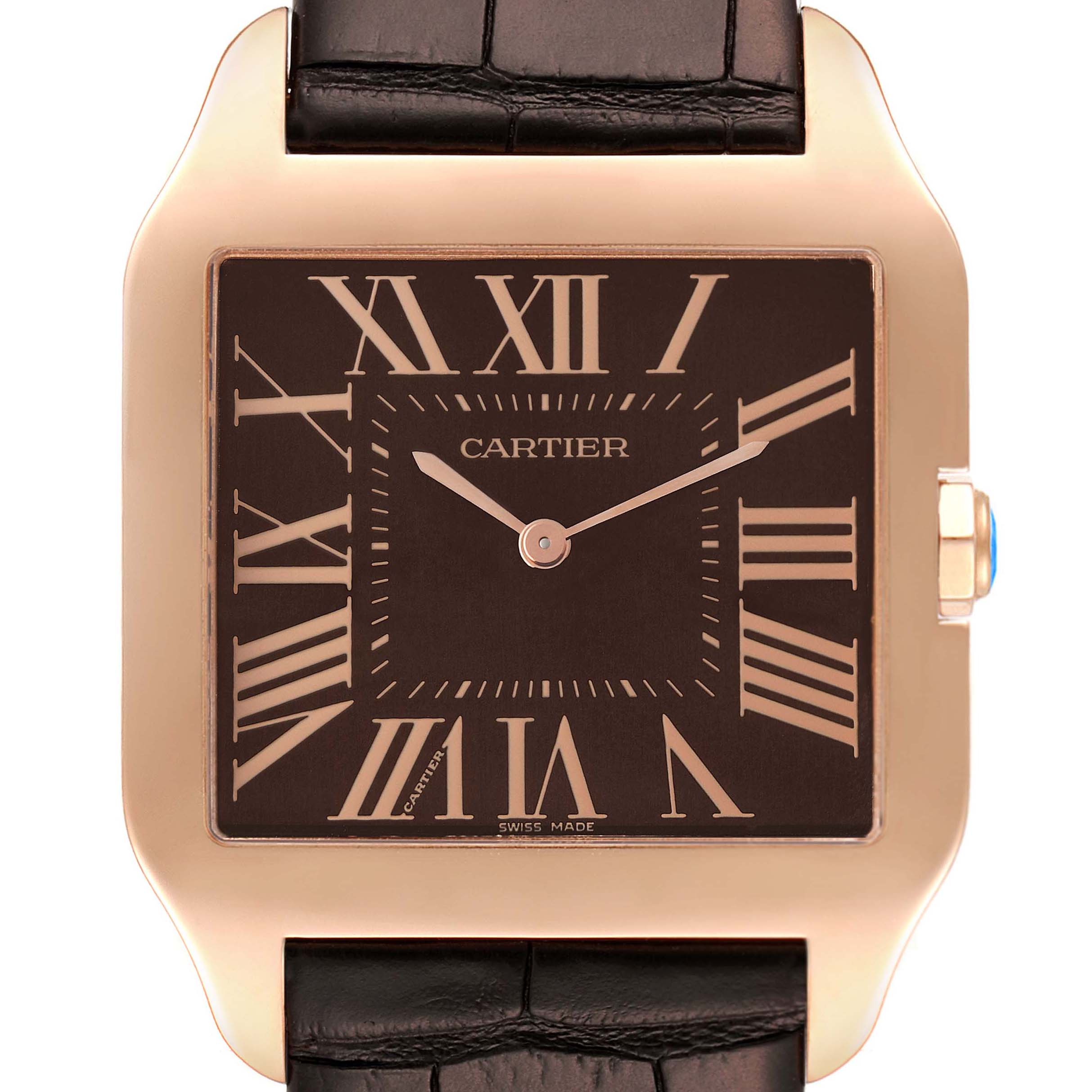 The image shows a frontal close-up of a Cartier Santos Dumont W2012851 Men's Rose Gold Brown Dial W2012851 Men's Rose Gold Brown Dial watch, highlighting its dial and bezel.