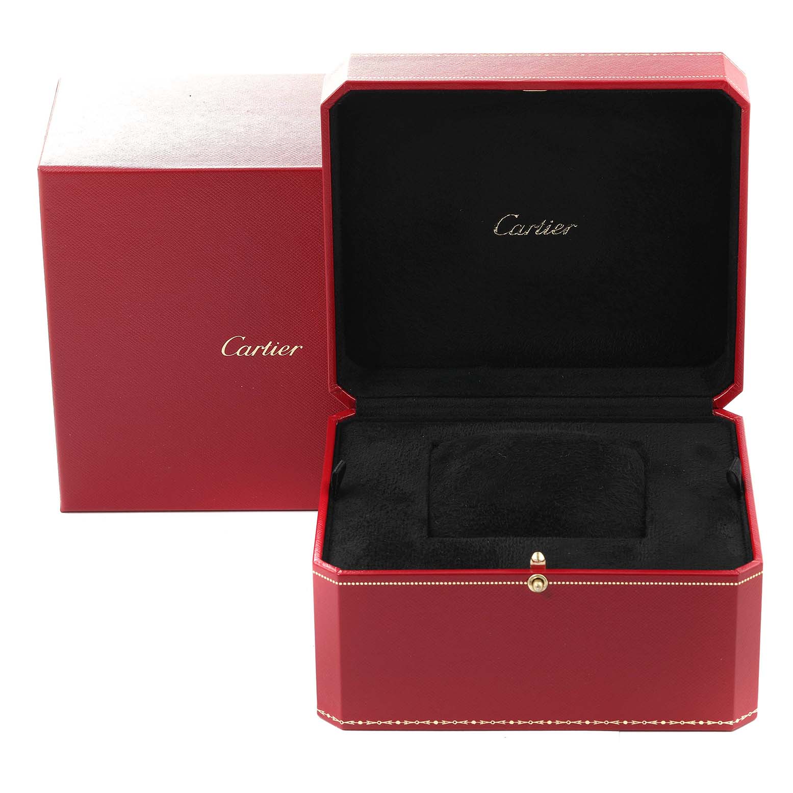 The image shows the open and closed red storage box for the Cartier Santos Dumont W2012851 Men's Rose Gold Brown Dial W2012851 Men's Rose Gold Brown Dial model watch.