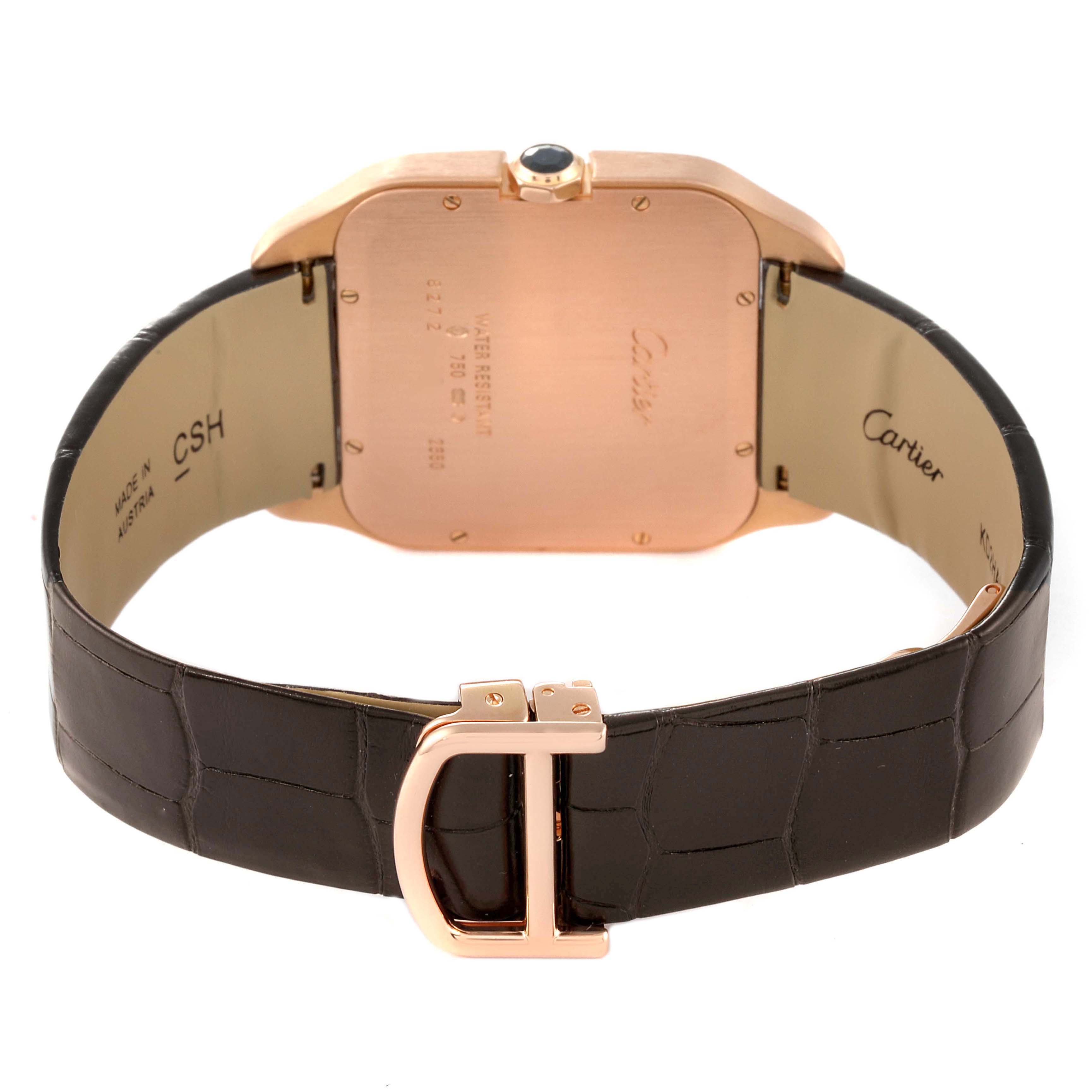 The image shows the back and strap of a Cartier Santos Dumont W2012851 Men's Rose Gold Brown Dial W2012851 Men's Rose Gold Brown Dial watch, displaying the case back, crown, and leather band.