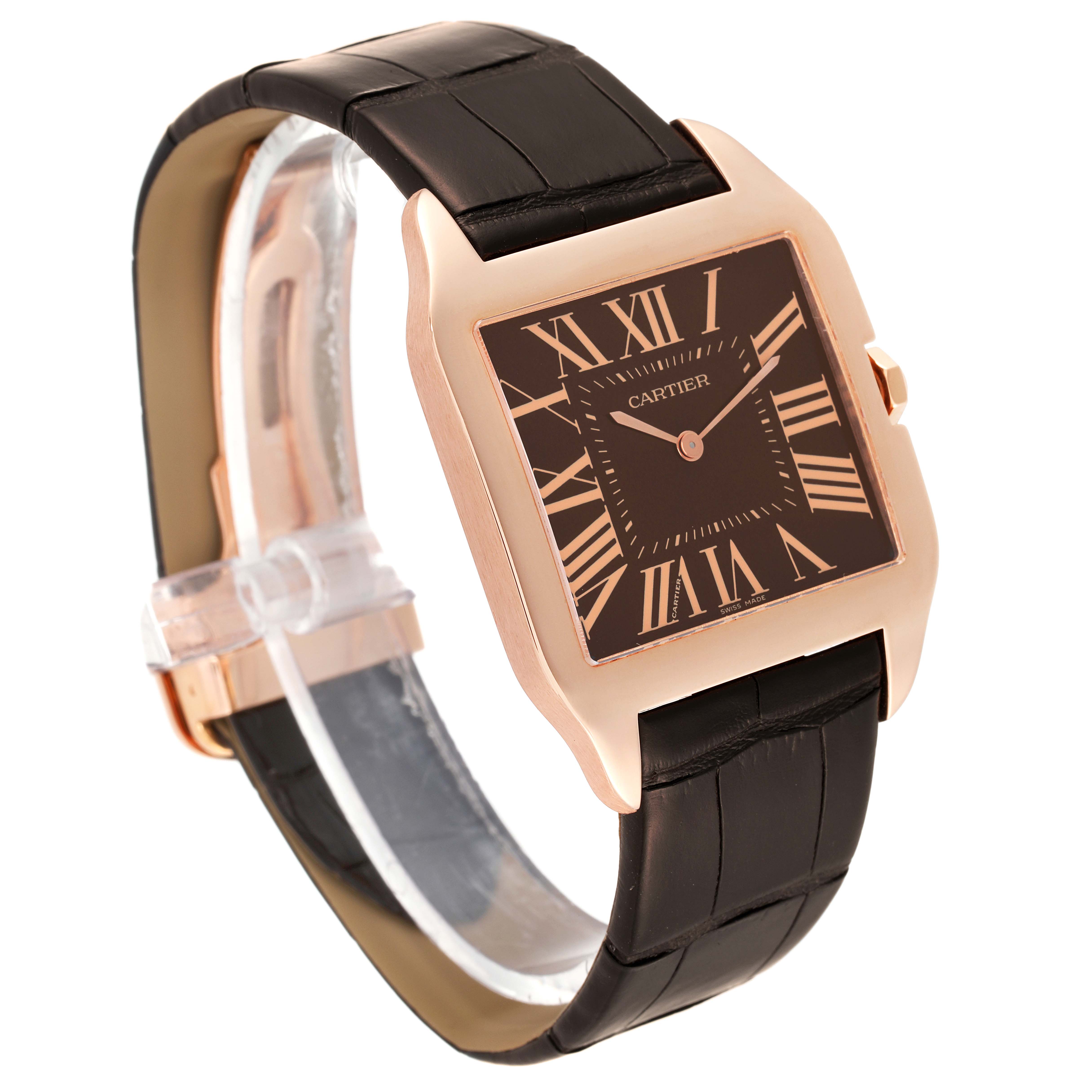 The Cartier Santos Dumont W2012851 Men's Rose Gold Brown Dial W2012851 Men's Rose Gold Brown Dial watch is shown at a slight angle, displaying its face, case, and part of the strap.