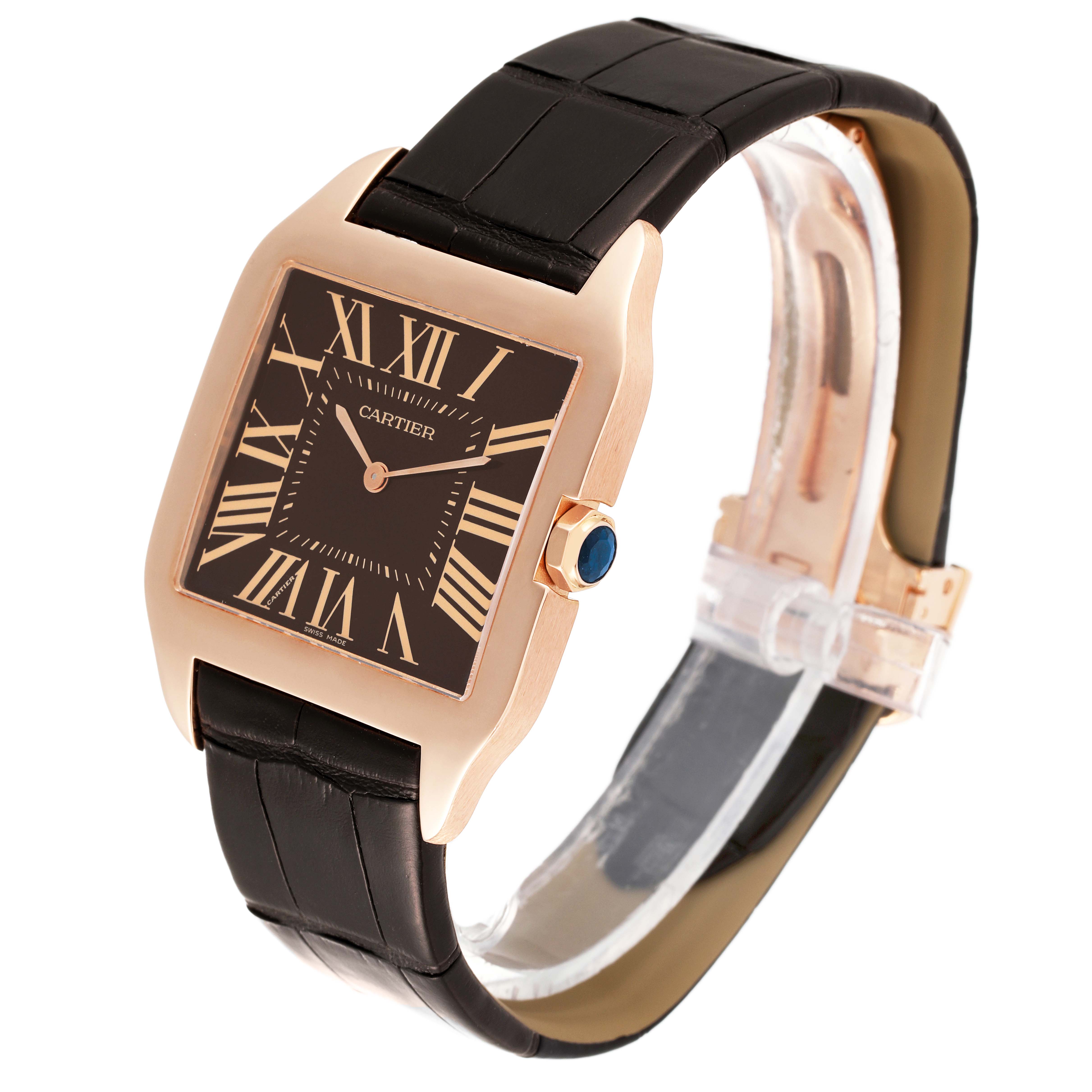 The image shows a Cartier Santos Dumont W2012851 Men's Rose Gold Brown Dial W2012851 Men's Rose Gold Brown Dial watch from a front-left angle, highlighting the dial, case, and strap.