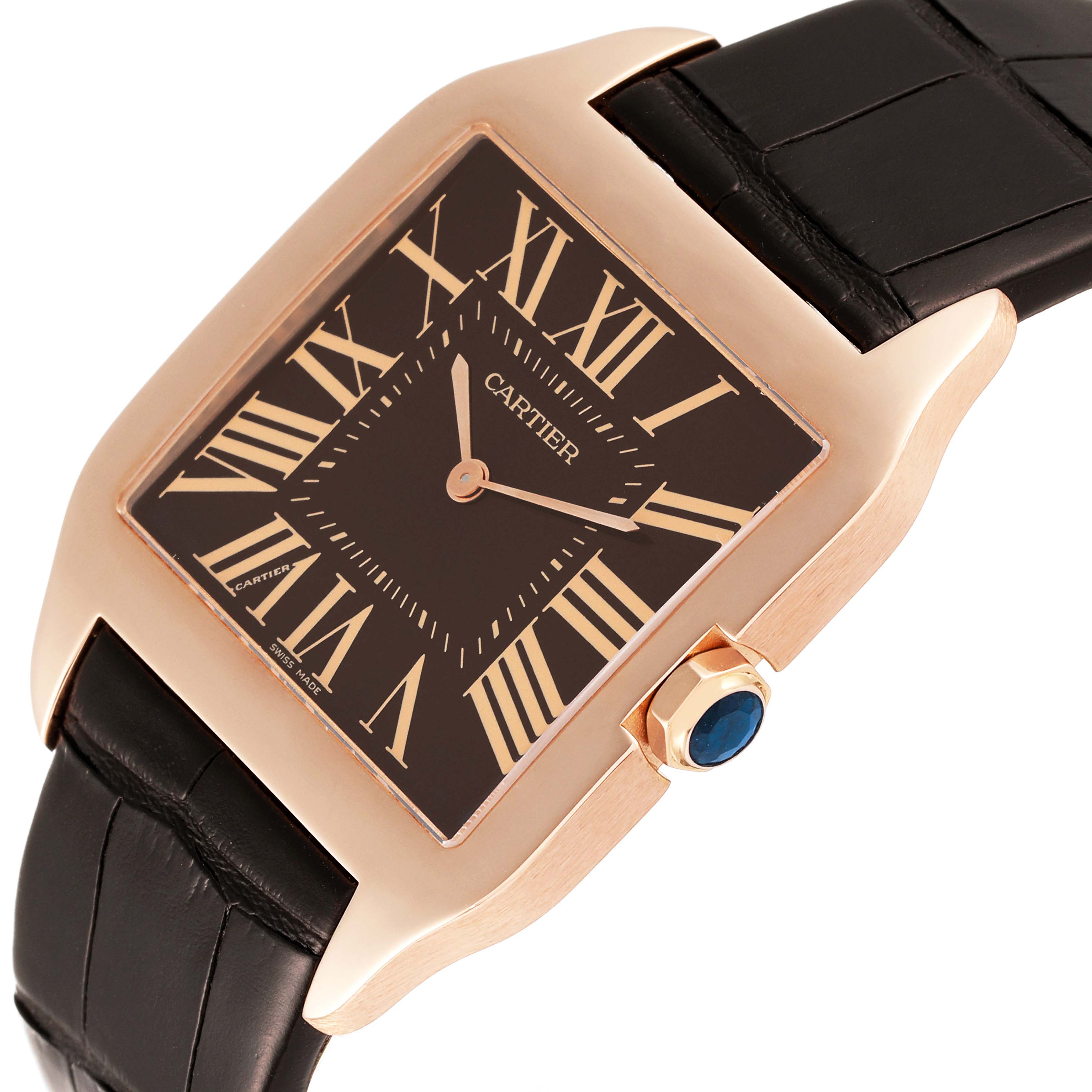 The image shows a close-up angle of the Cartier Santos Dumont W2012851 Men's Rose Gold Brown Dial W2012851 Men's Rose Gold Brown Dial watch, focusing on its face, bezel, and part of the strap.