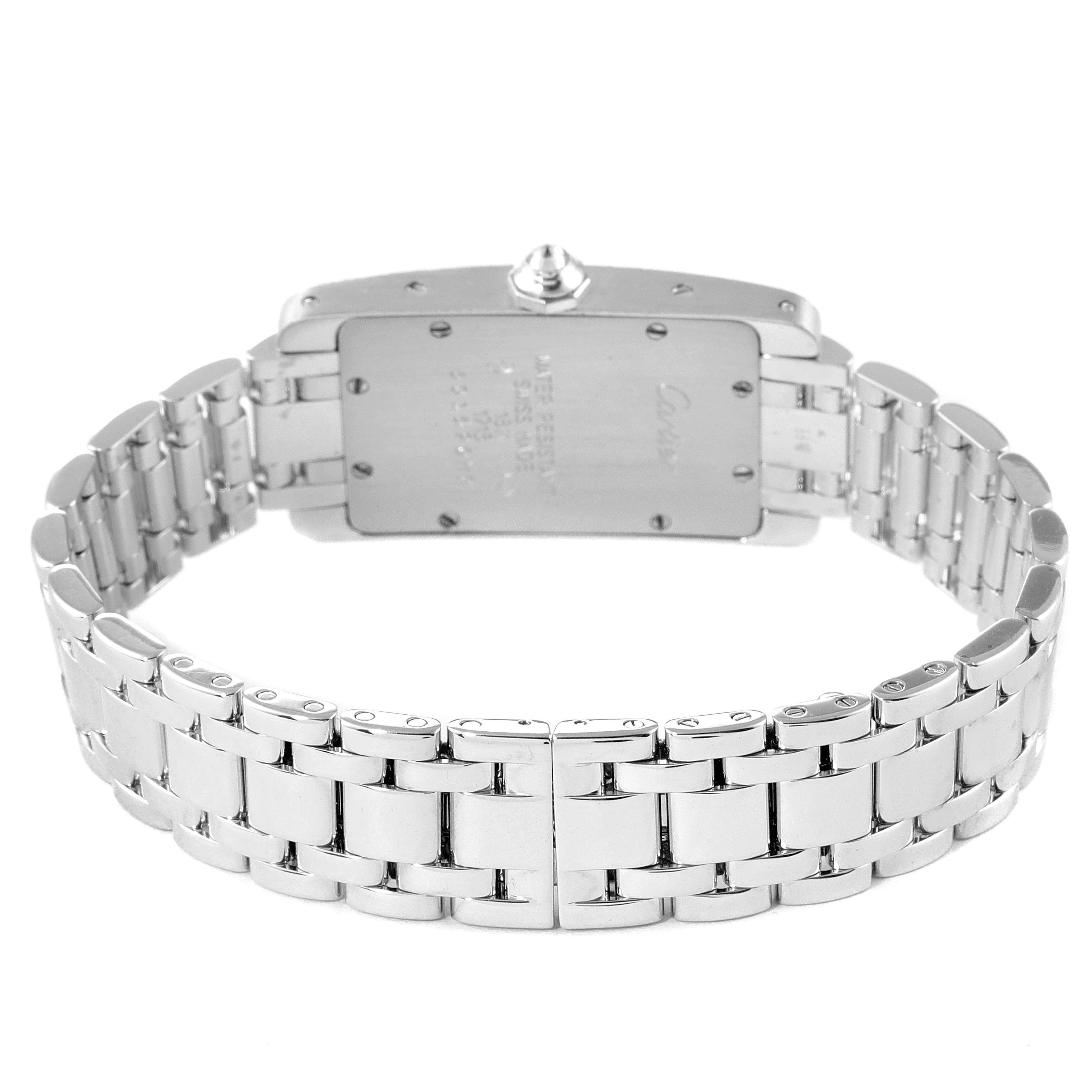 The image shows the back view of a Cartier Tank Americaine WB7018L1 Women's White Gold Silver Dial WB7018L1 Women's White Gold Silver Dial watch, focusing on its clasp and metal bracelet.