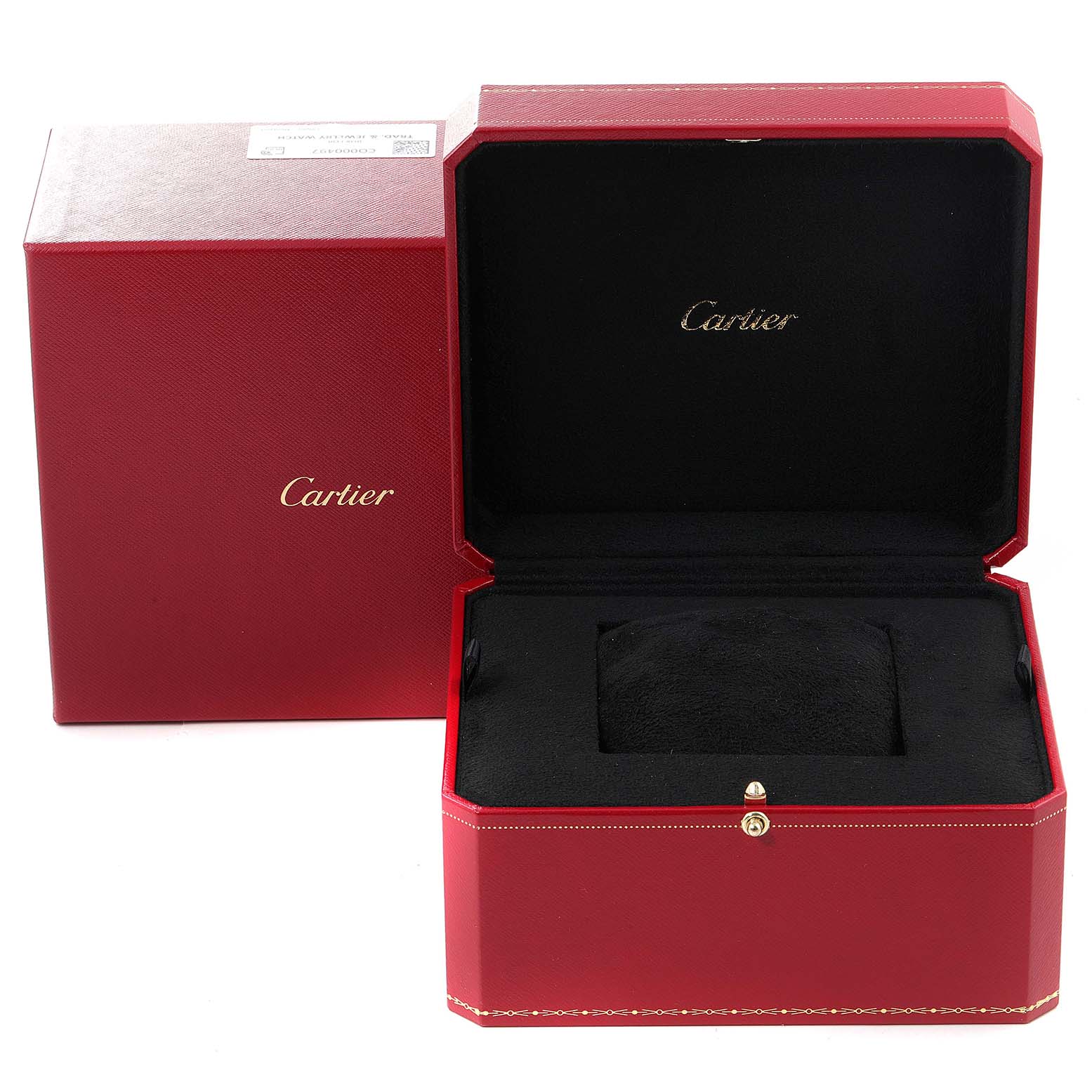 The image shows an open red Cartier watch box for the Tank Americaine model, displaying the interior and exterior of the box.