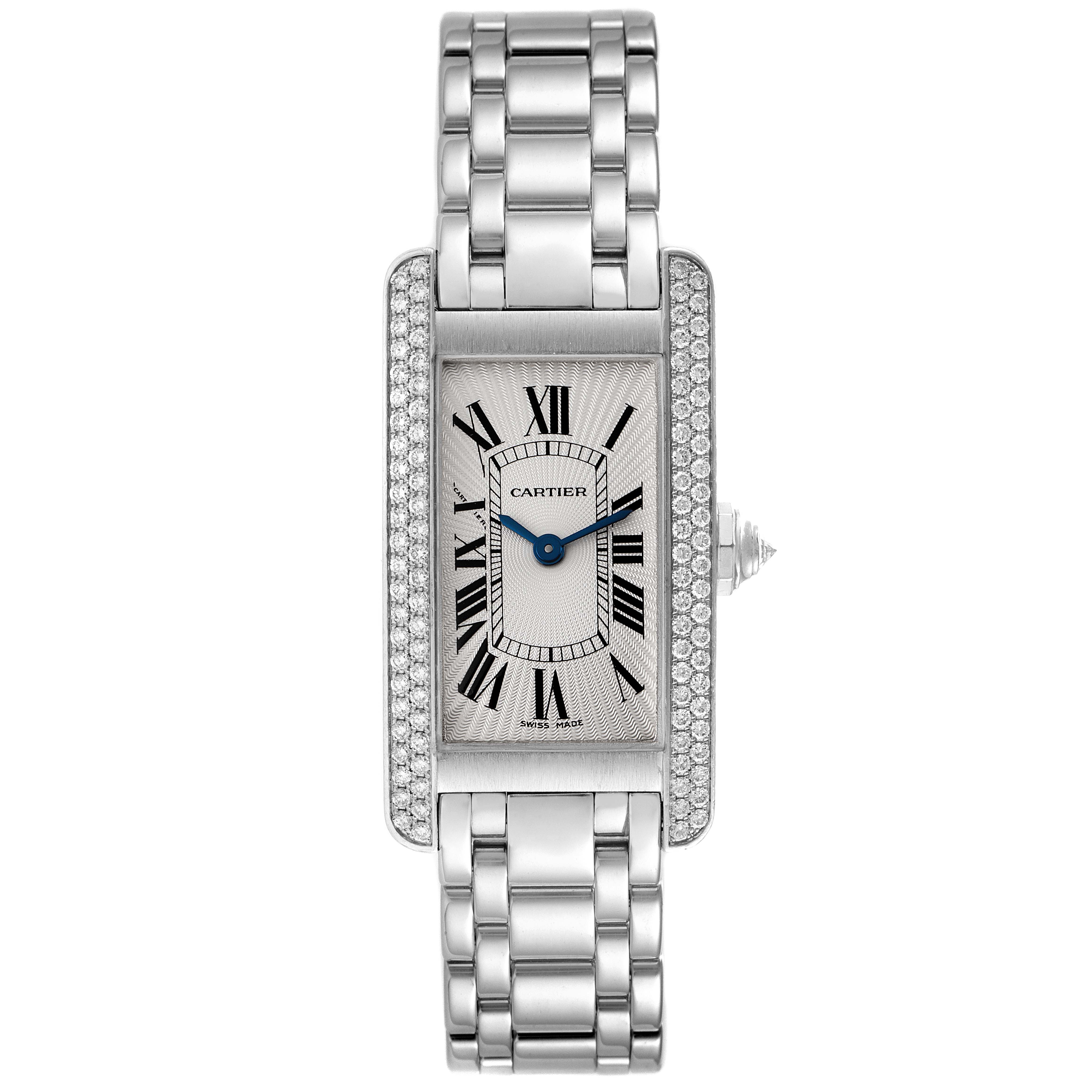 This image shows a Tank Americaine model by Cartier from a top-down angle, highlighting the face, bezel, and bracelet.