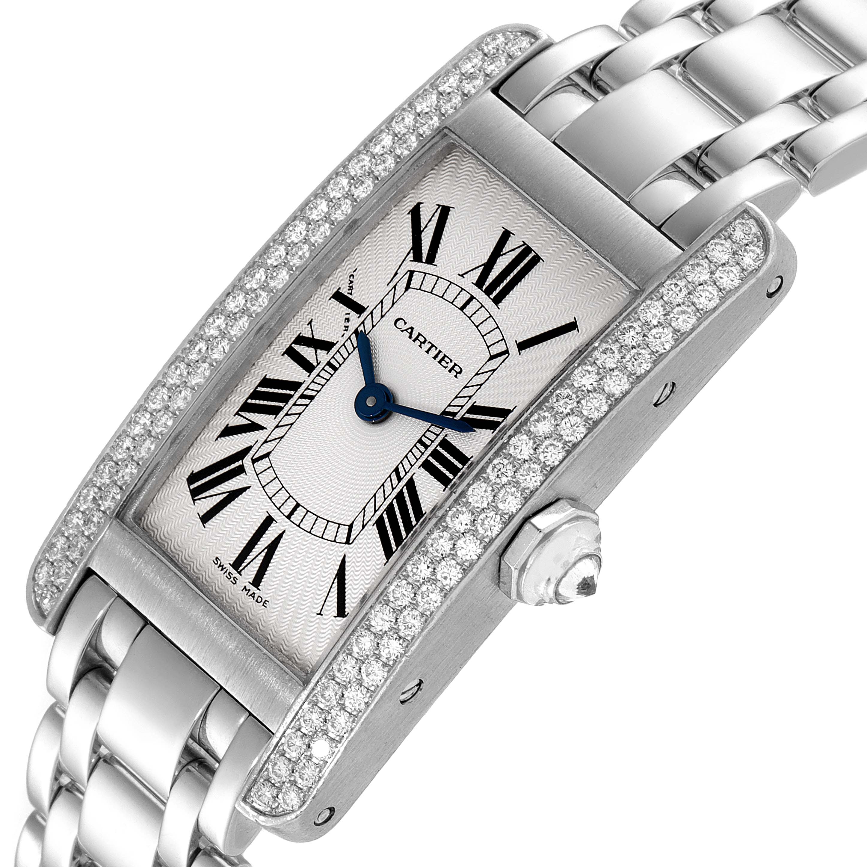 This image shows a close-up of the Cartier Tank Americaine WB7018L1 Women's White Gold Silver Dial WB7018L1 Women's White Gold Silver Dial watch displaying its face, diamond-set bezel, and part of the bracelet.