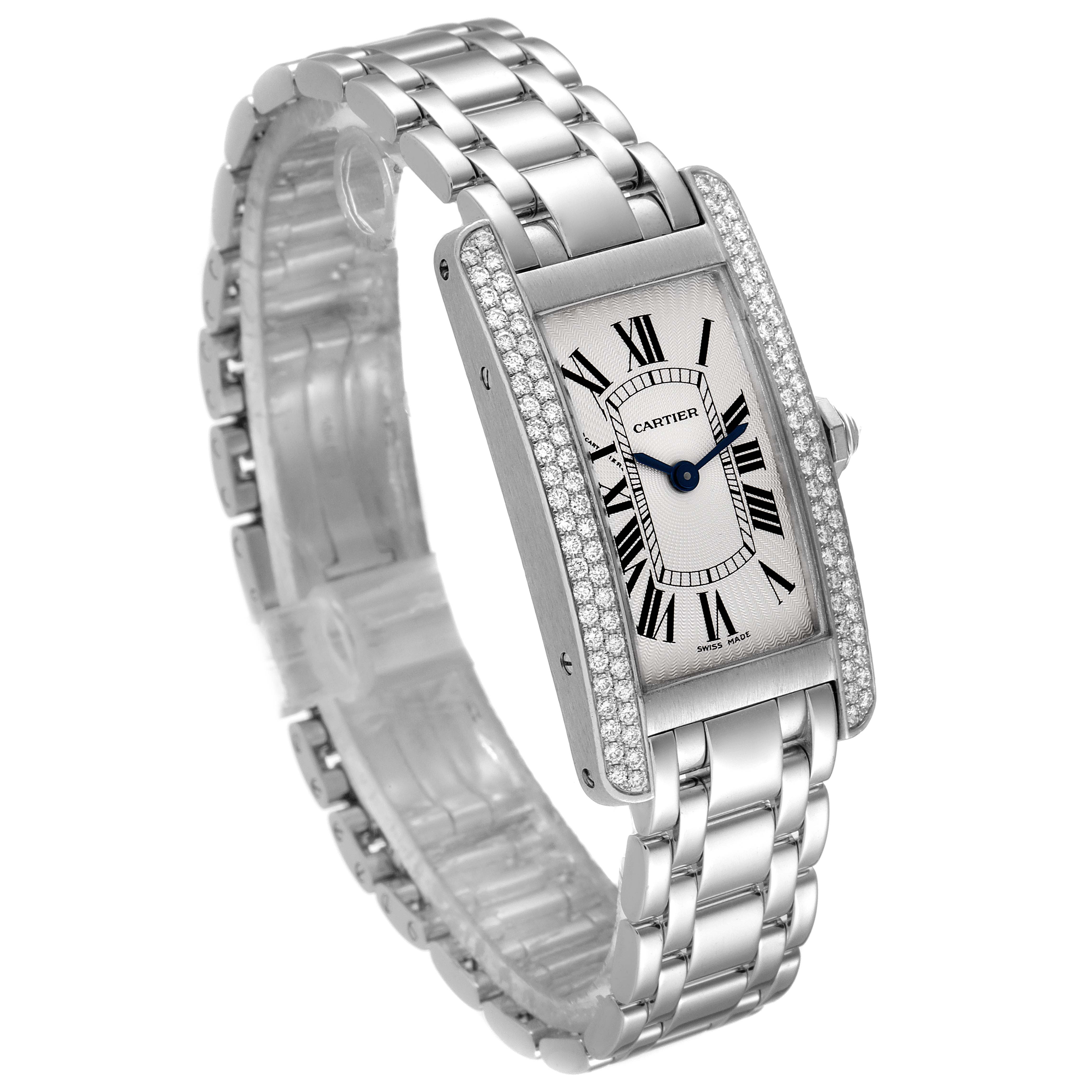 The Cartier Tank Americaine WB7018L1 Women's White Gold Silver Dial WB7018L1 Women's White Gold Silver Dial watch is shown at a three-quarter angle, highlighting the bracelet, bezel, dial, and crown.