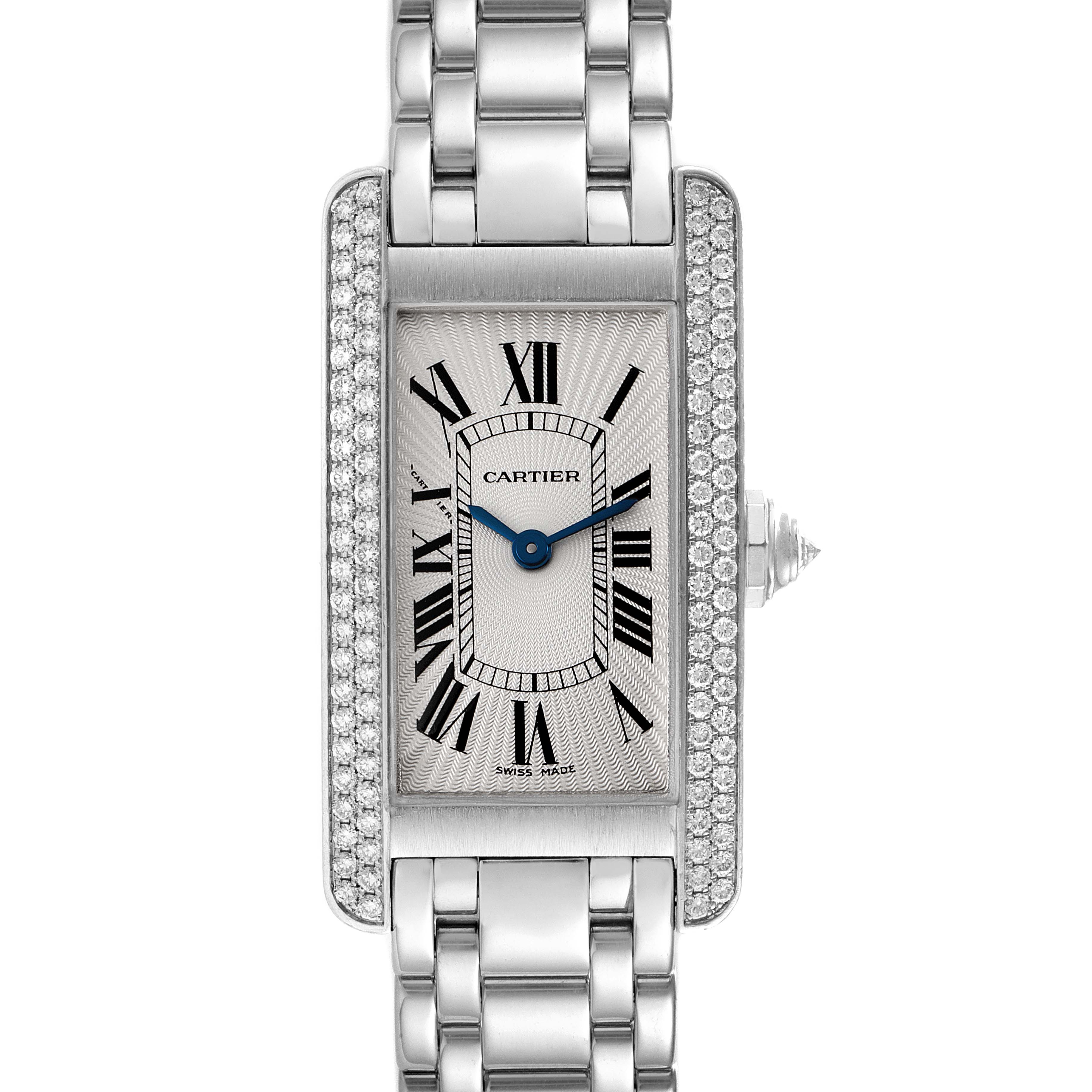 This is a front view of the Cartier Tank Americaine WB7018L1 Women's White Gold Silver Dial WB7018L1 Women's White Gold Silver Dial watch, showcasing its bracelet, rectangular dial, and diamond-set bezel.