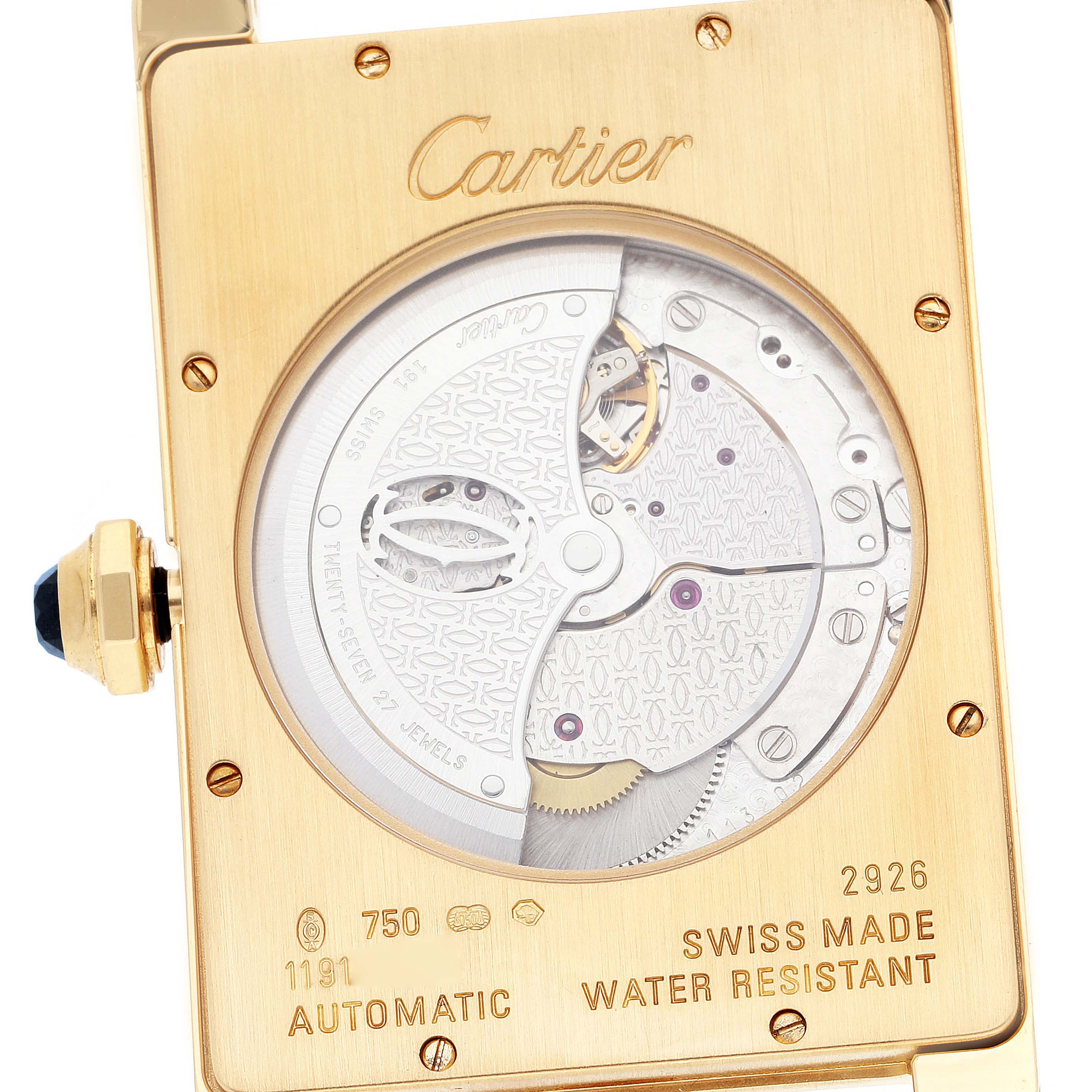 The image shows the back case and inner mechanism of a Cartier Tank Americaine W2609756 Men's Yellow Gold Silver Dial W2609756 Men's Yellow Gold Silver Dial watch.