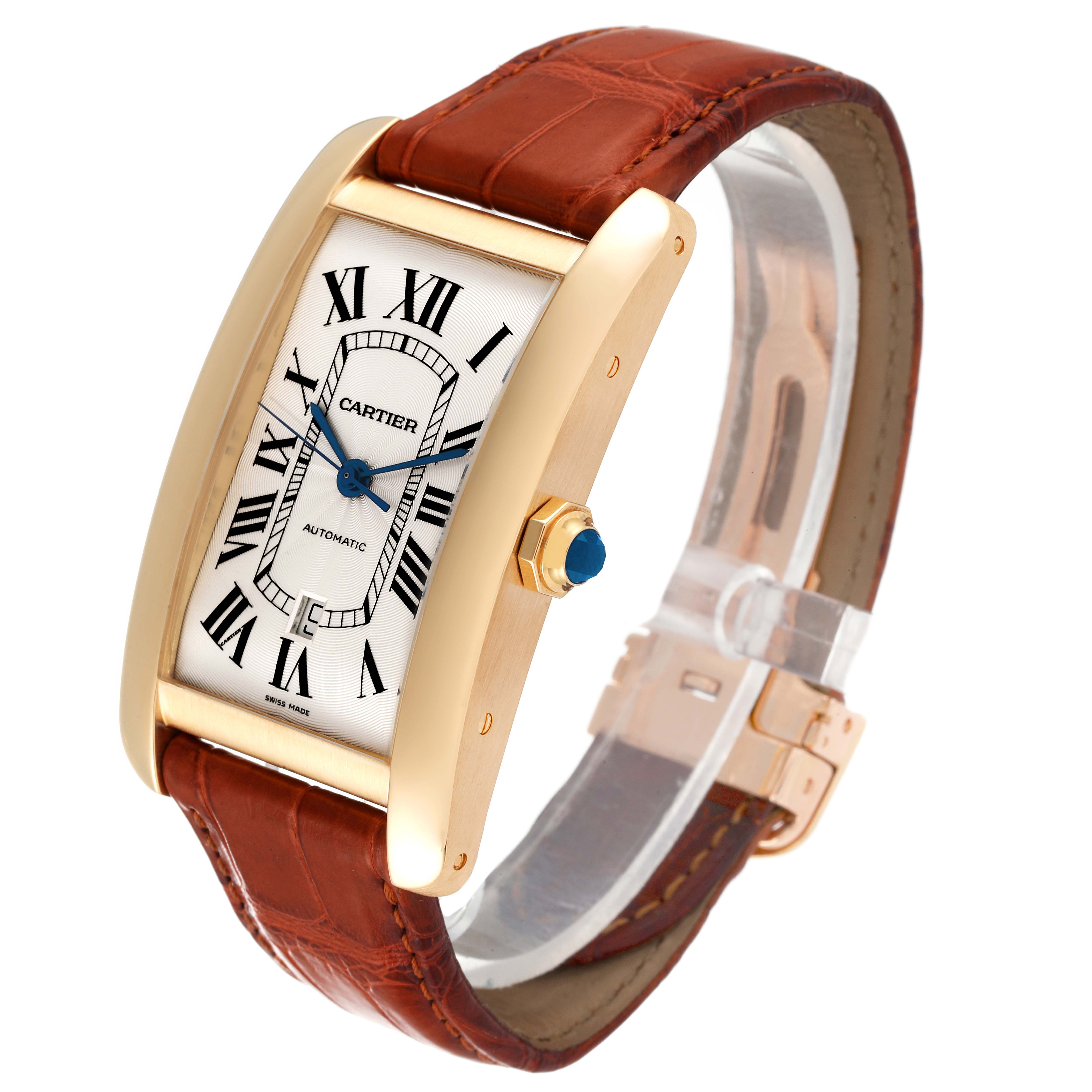 The image shows a Cartier Tank Americaine W2609756 Men's Yellow Gold Silver Dial W2609756 Men's Yellow Gold Silver Dial watch from a three-quarter angle, highlighting its dial, case, crown, and strap.