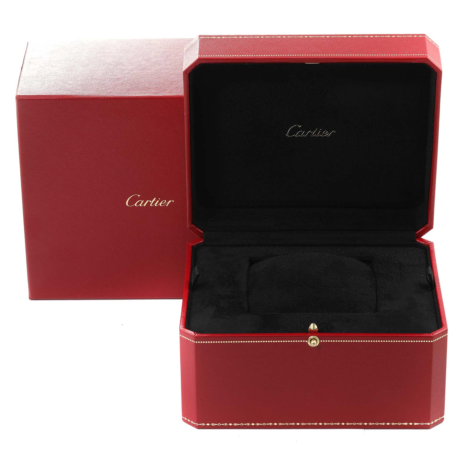 The image shows an open red Cartier box, likely for a Tank Americaine model watch, with a red outer box and black interior.