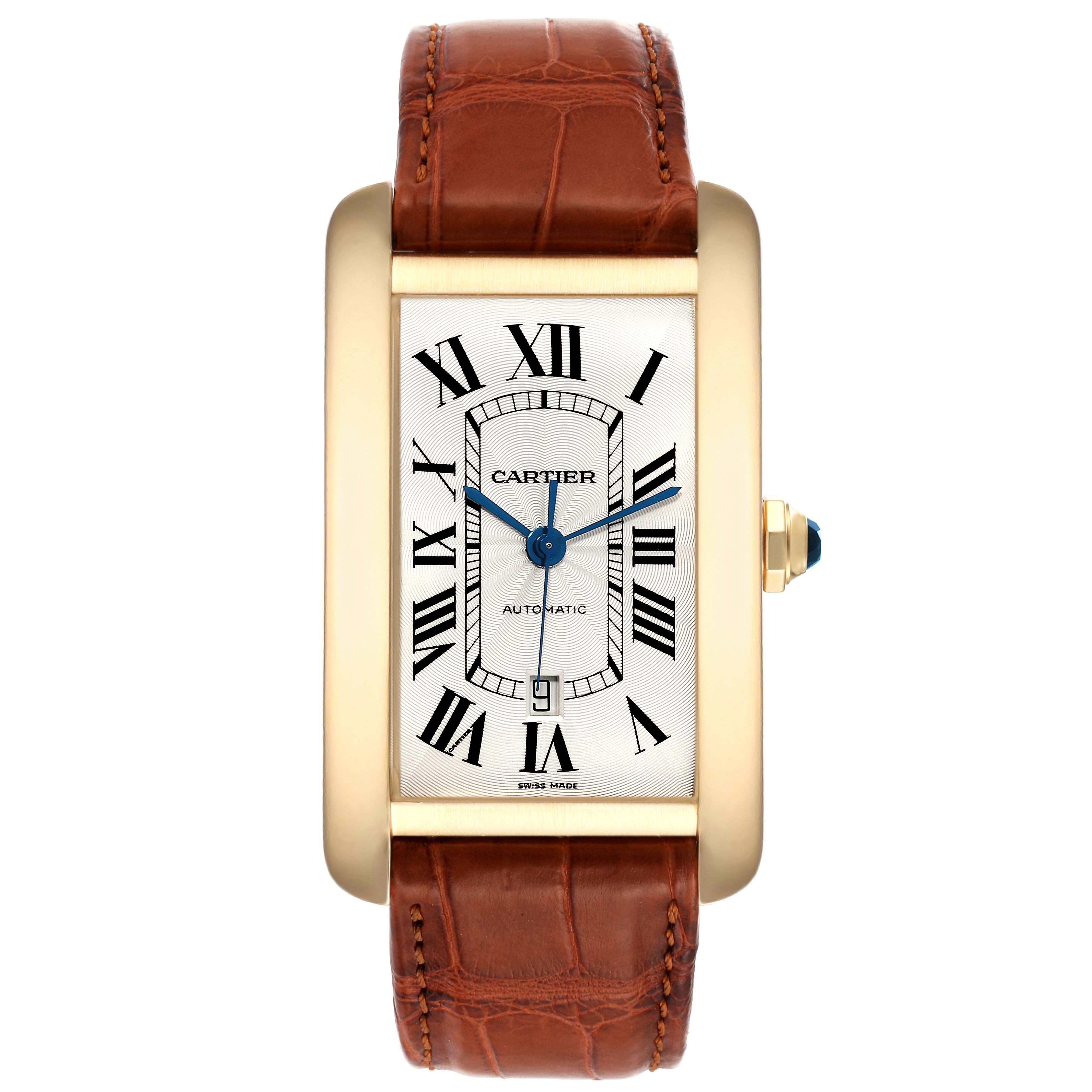 This image shows a front view of the Cartier Tank Americaine W2609756 Men's Yellow Gold Silver Dial W2609756 Men's Yellow Gold Silver Dial watch, displaying the face, Roman numerals, and brown leather strap.