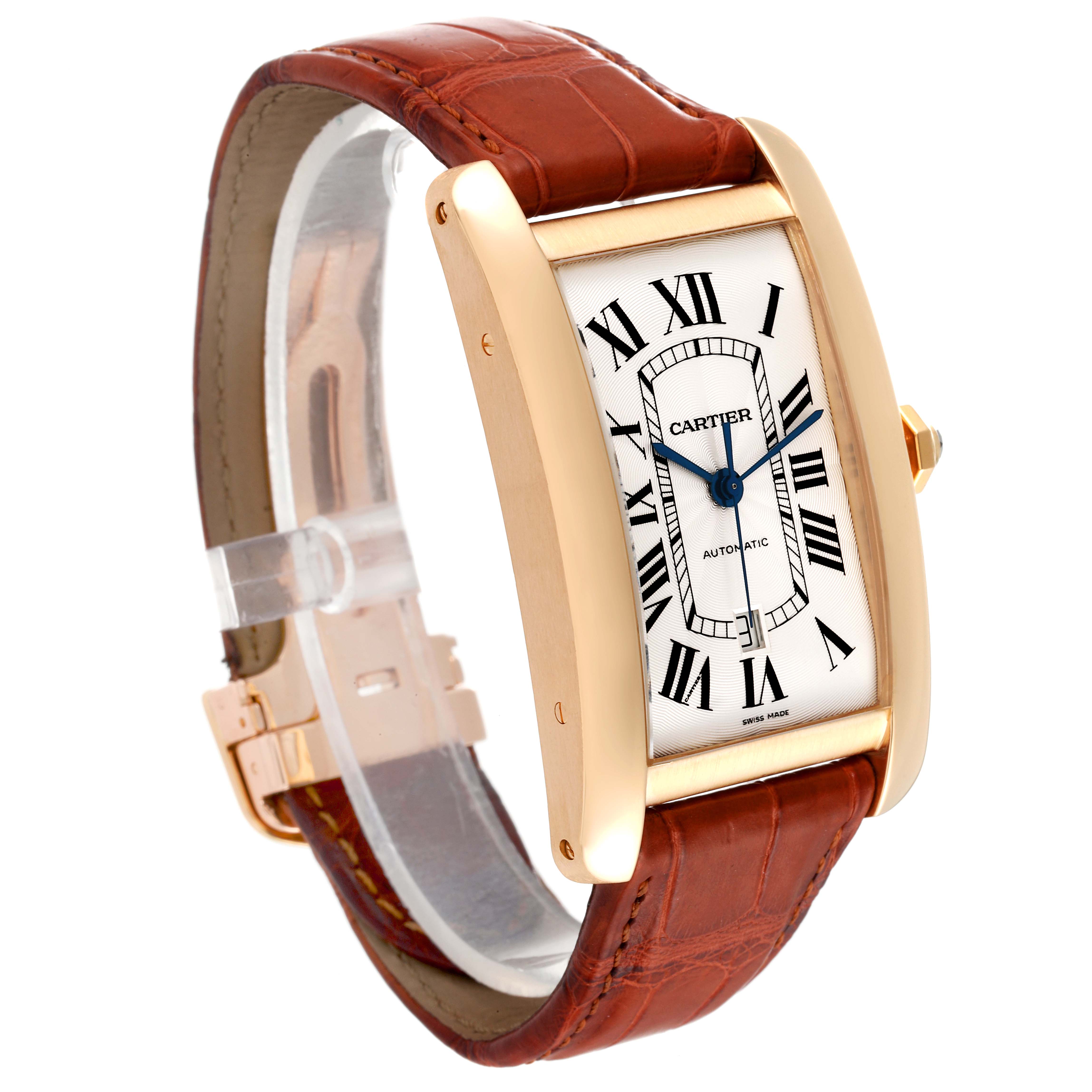 The Cartier Tank Americaine W2609756 Men's Yellow Gold Silver Dial W2609756 Men's Yellow Gold Silver Dial watch is shown at a slight angle, displaying its rectangular face, brown leather strap, and gold bezel.