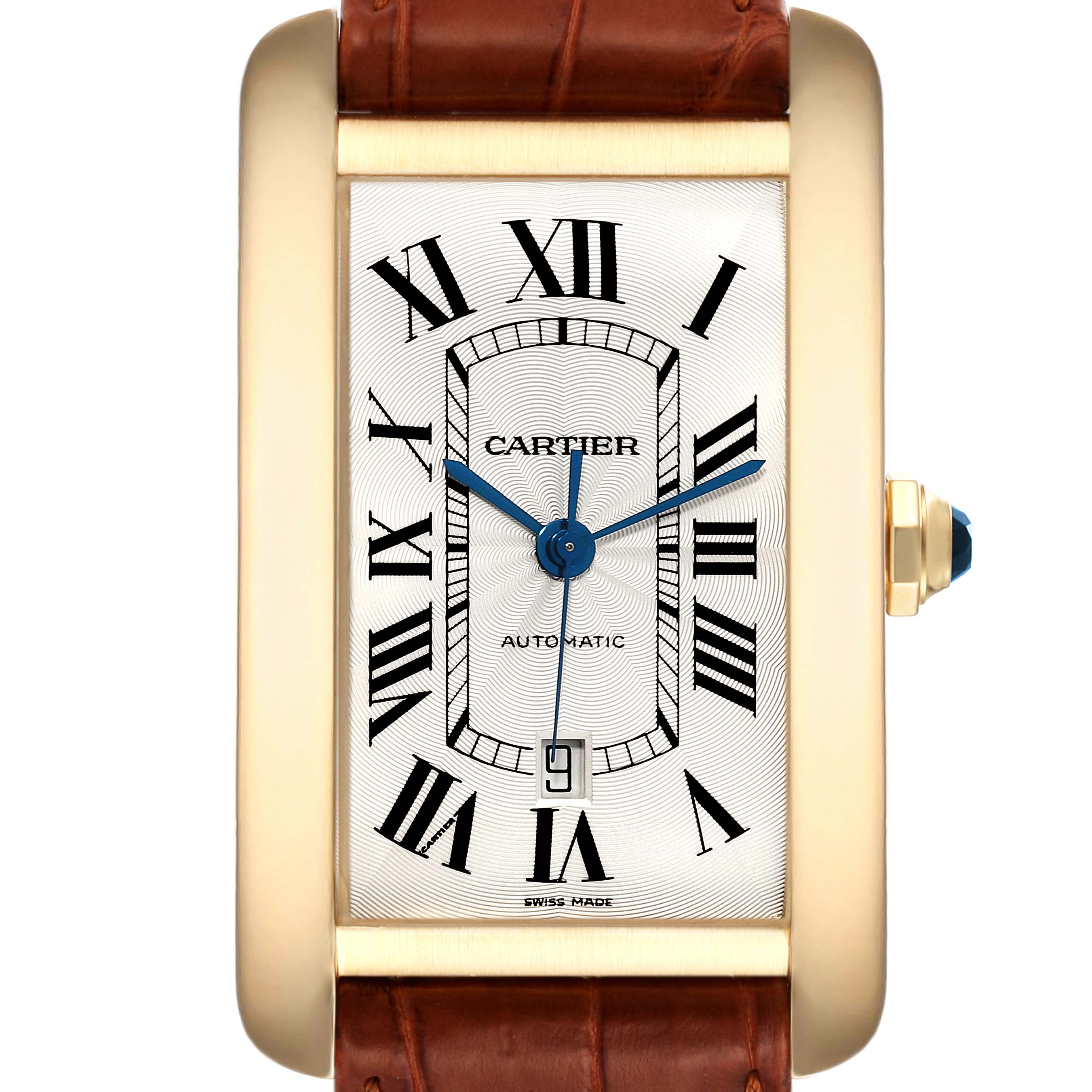 The image shows a close-up of the Cartier Tank Américaine watch face, highlighting the dial, Roman numerals, and strap.
