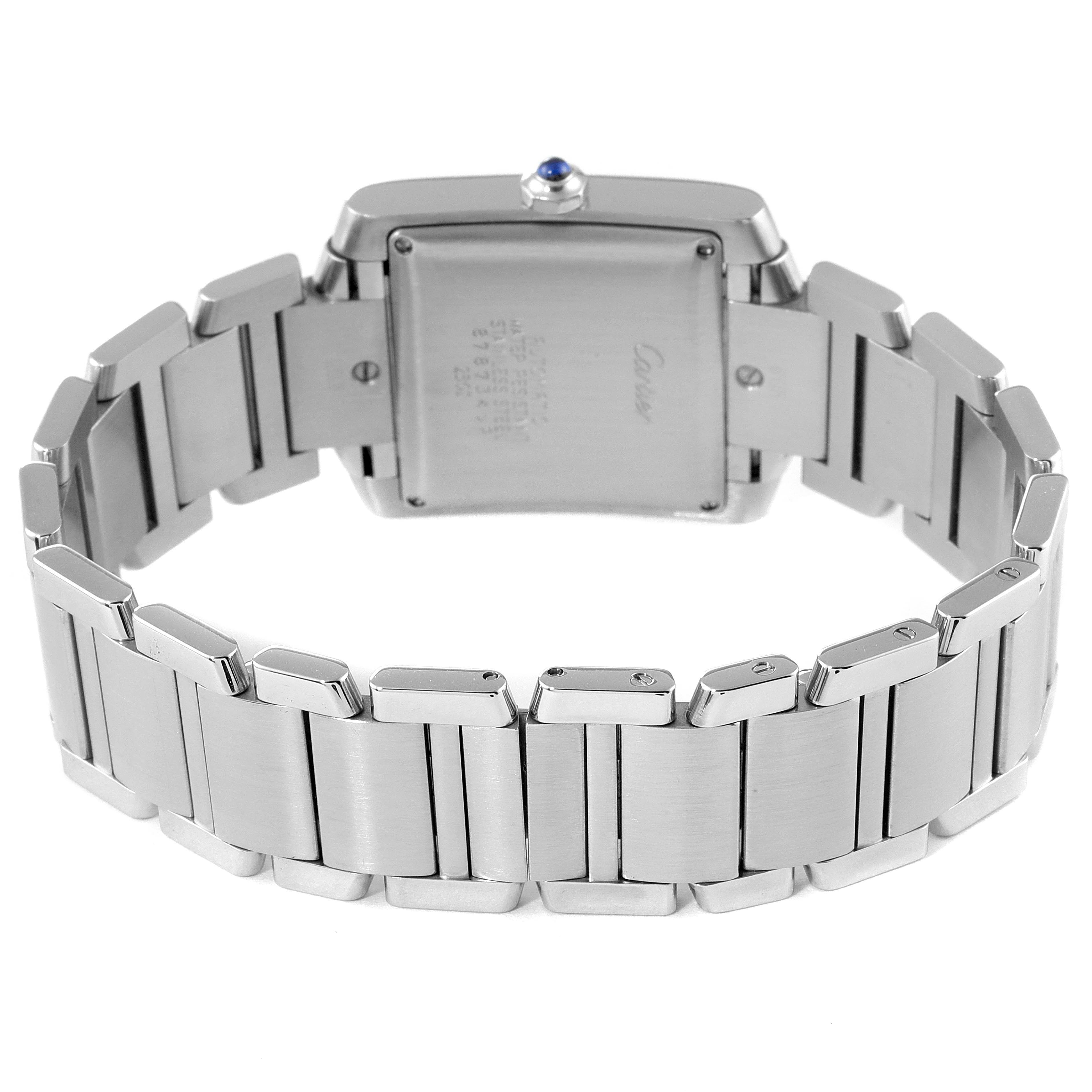 This image shows the back view of a Cartier Tank Francaise W51002Q3 Men's Stainless Steel Silver Dial W51002Q3 Men's Stainless Steel Silver Dial watch, highlighting the case back and metal bracelet.